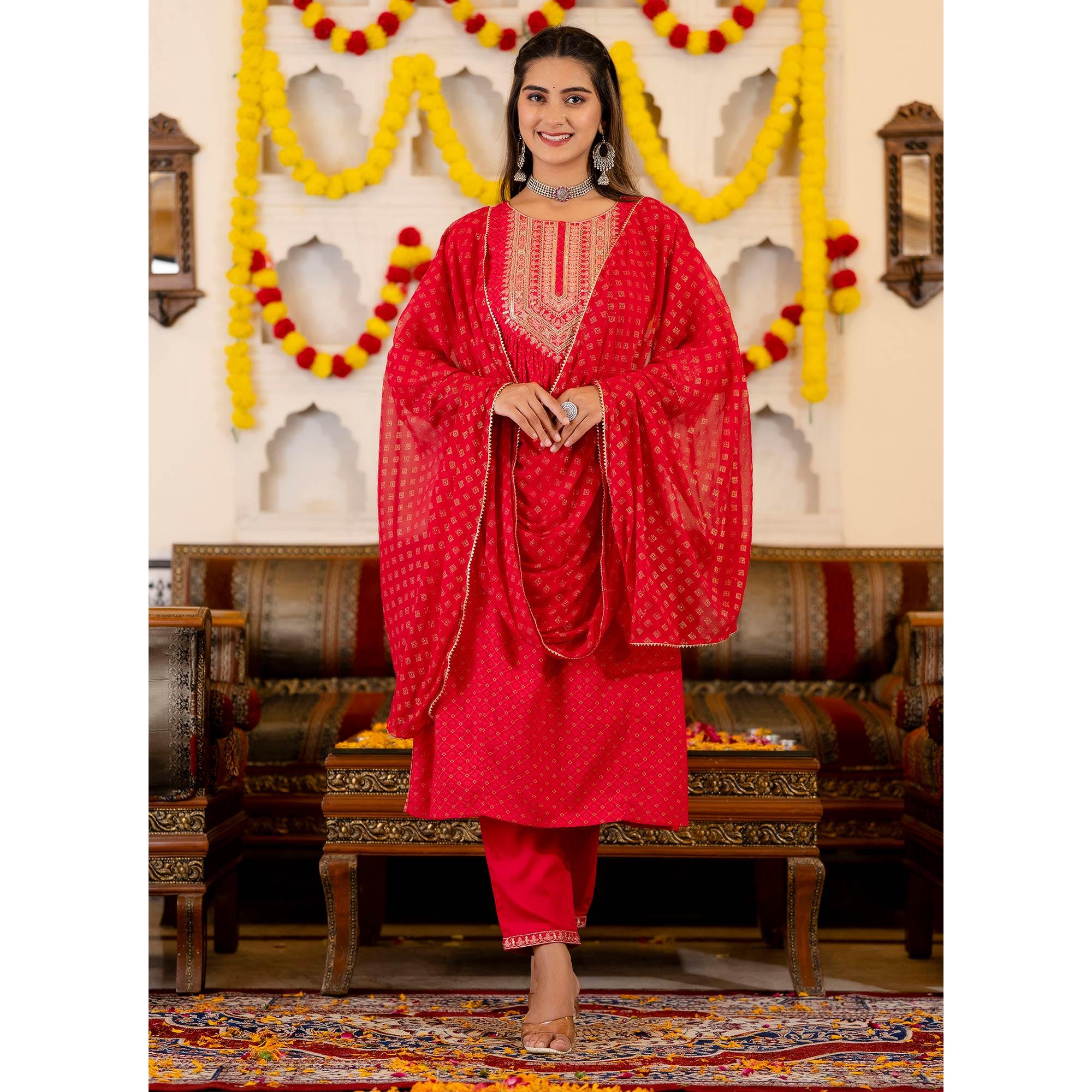 Red Printed With Sequence Embroidered Pure Cotton Salwar Suit - Peachmode