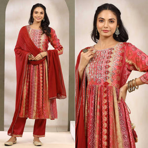 Red Printed With Sequence Work Muslin Anarkali Suit - Peachmode