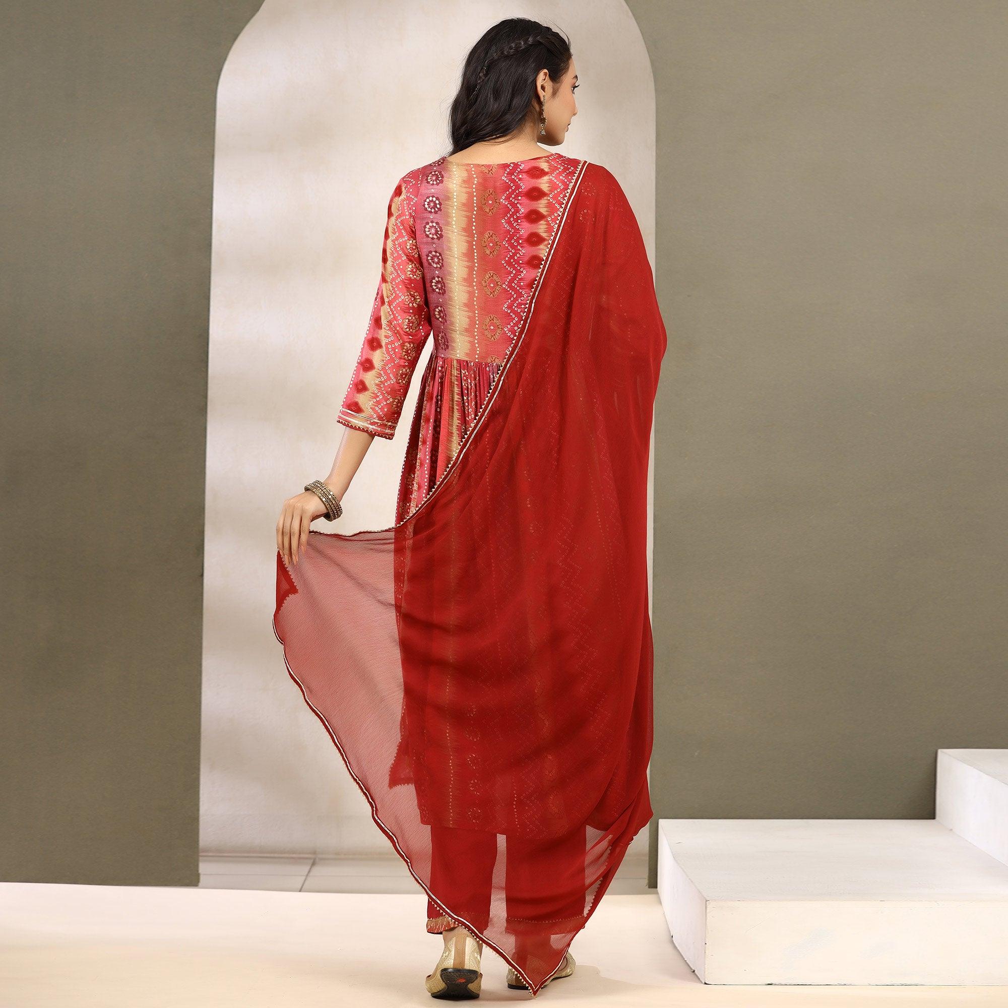 Red Printed With Sequence Work Muslin Anarkali Suit - Peachmode