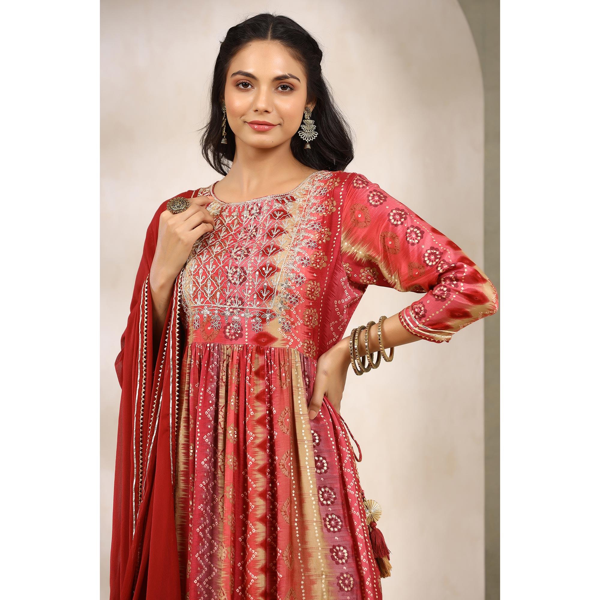 Red Printed With Sequence Work Muslin Anarkali Suit - Peachmode