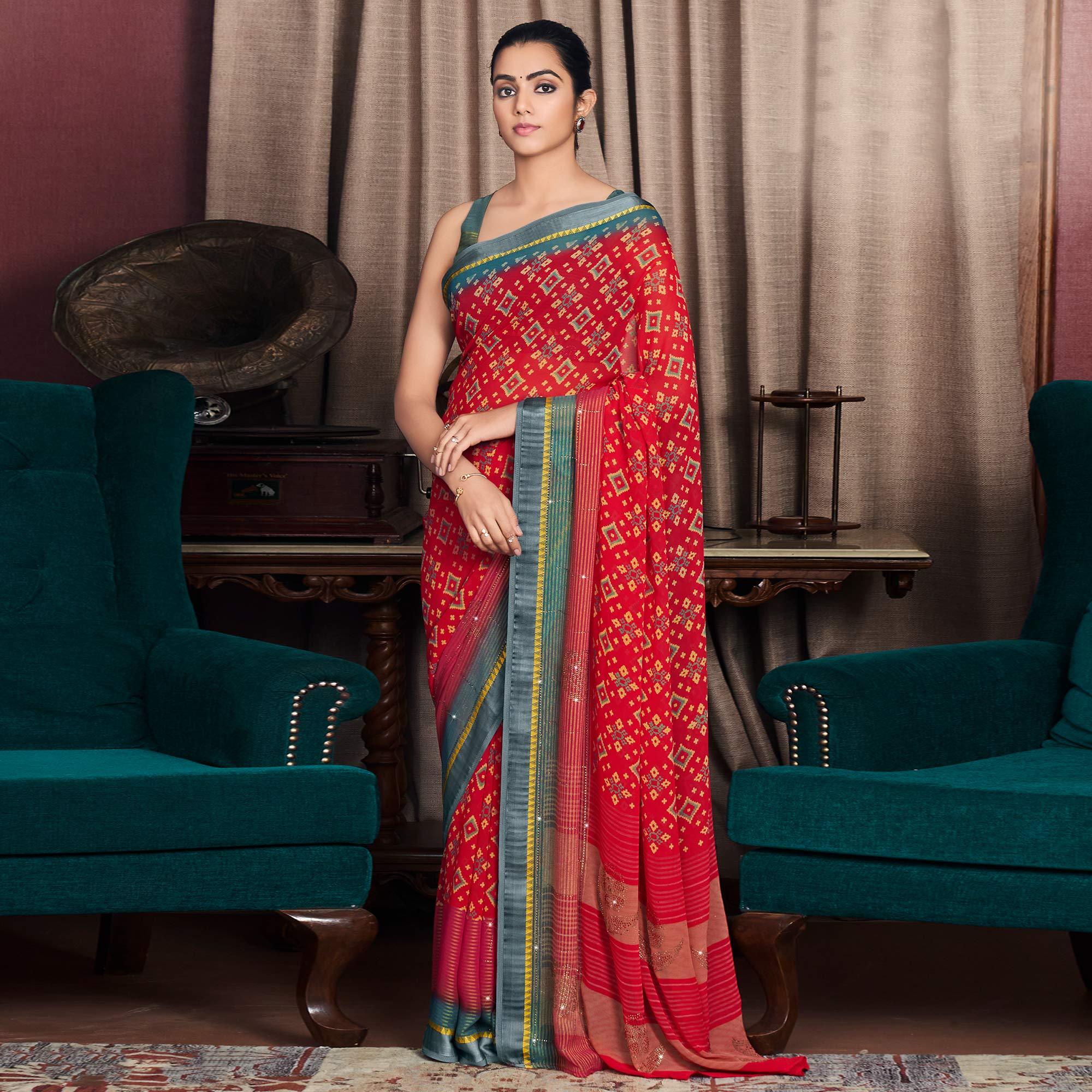 Red Printed With Swarovski Work Georgette Saree - Peachmode