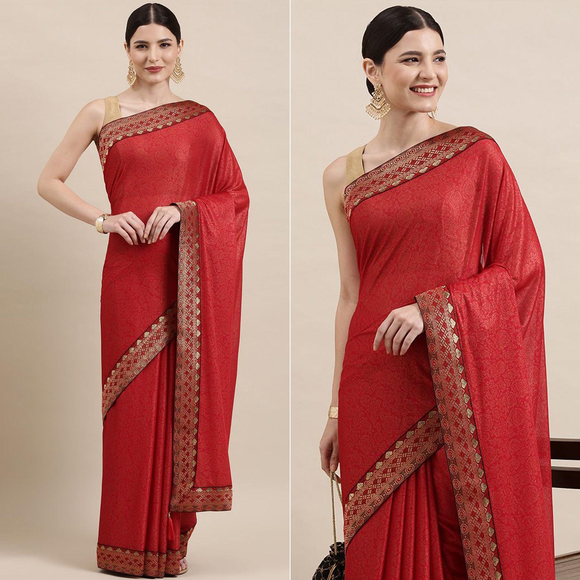 Red Printed With Woven Border Art Silk Saree - Peachmode