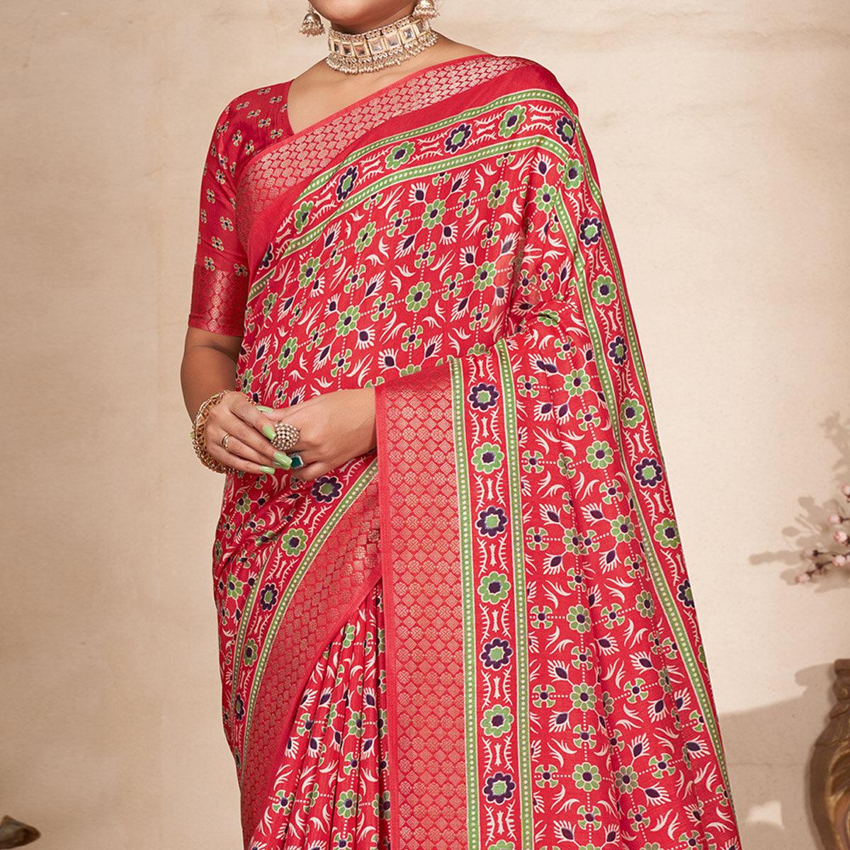 Red Printed-Woven Dola Silk Saree With Tassels - Peachmode