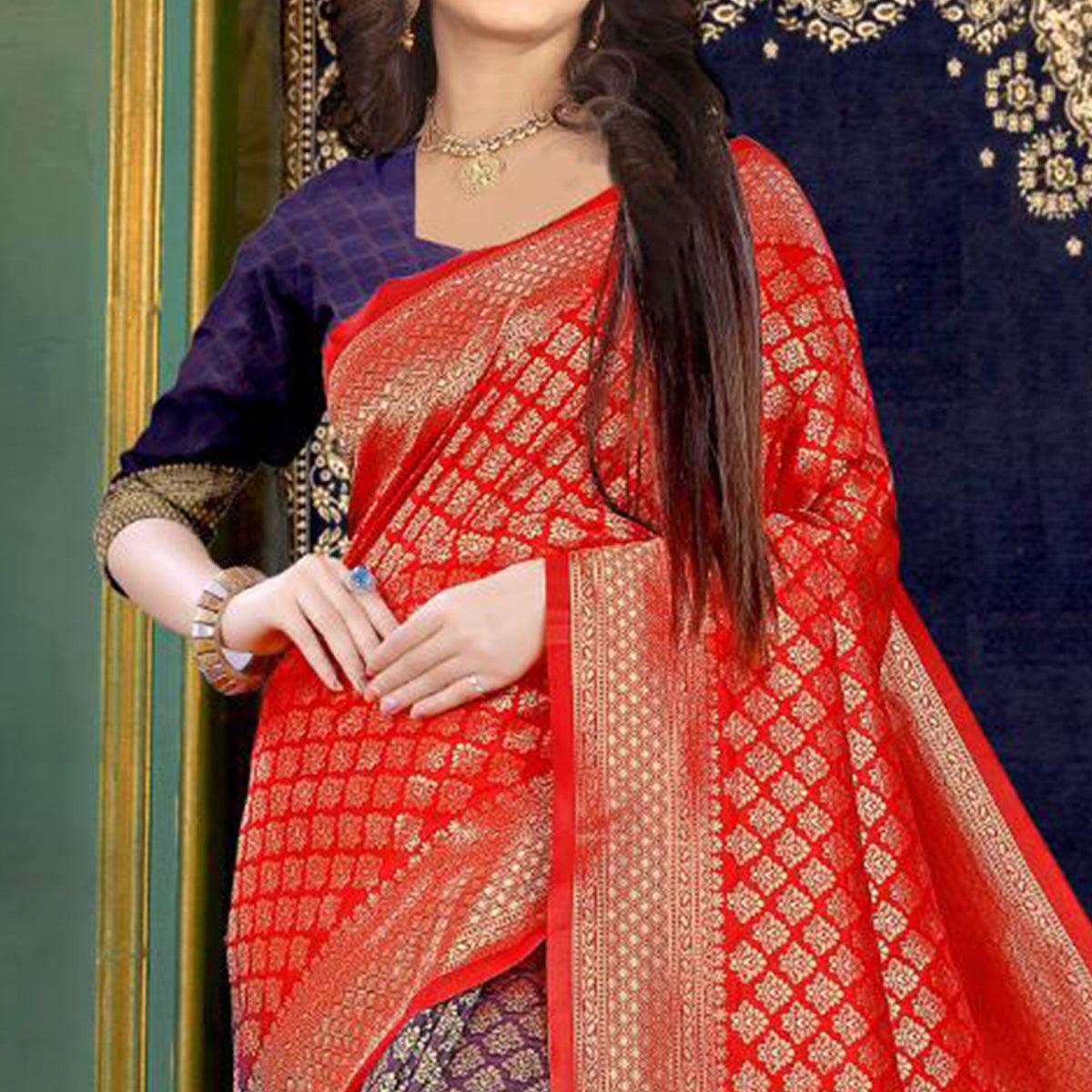 Red-Purple Festive Wear Woven Banarasi Silk Saree - Peachmode