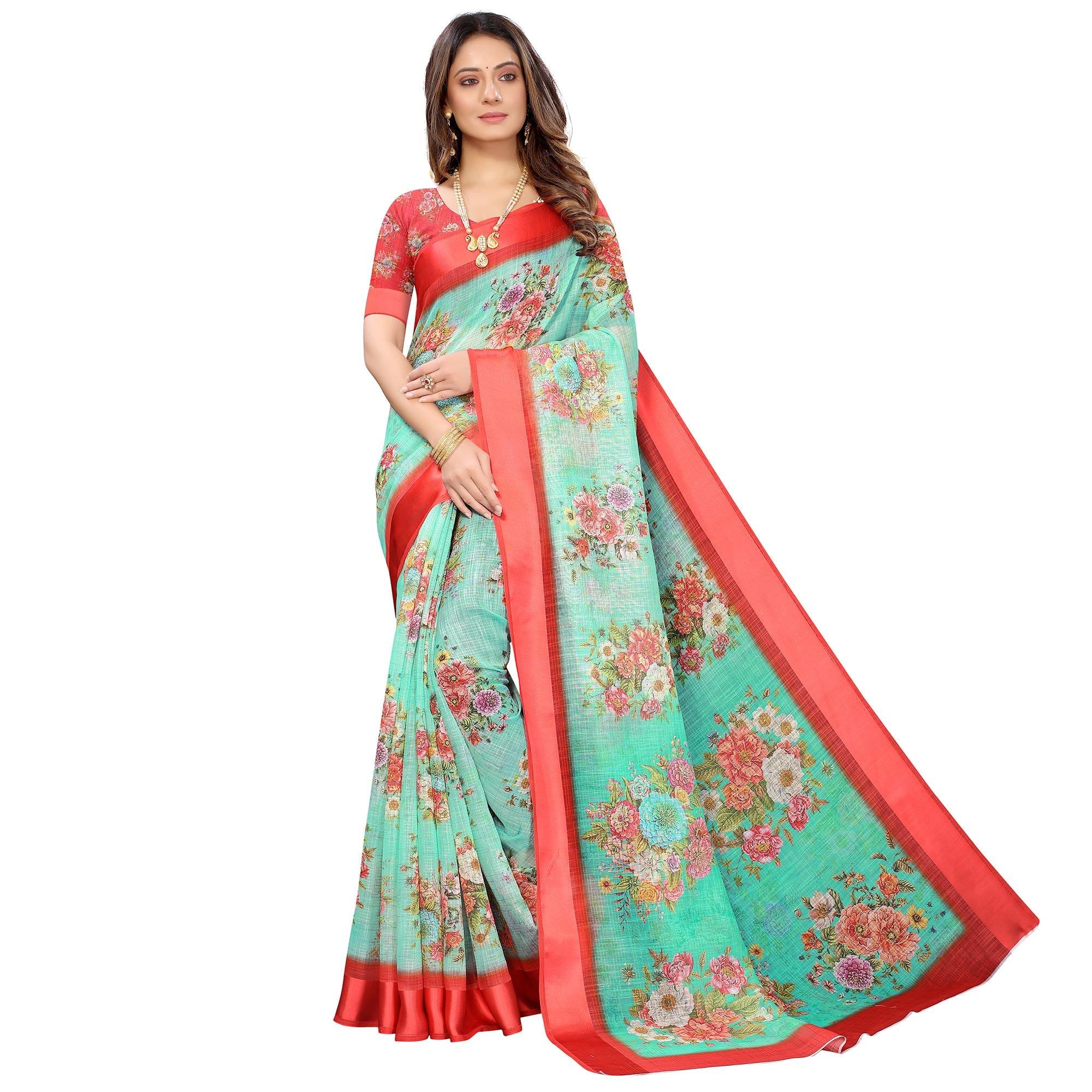Red-Sea Green Casual Wear Floral Digital Printed Linen Slub saree - Peachmode