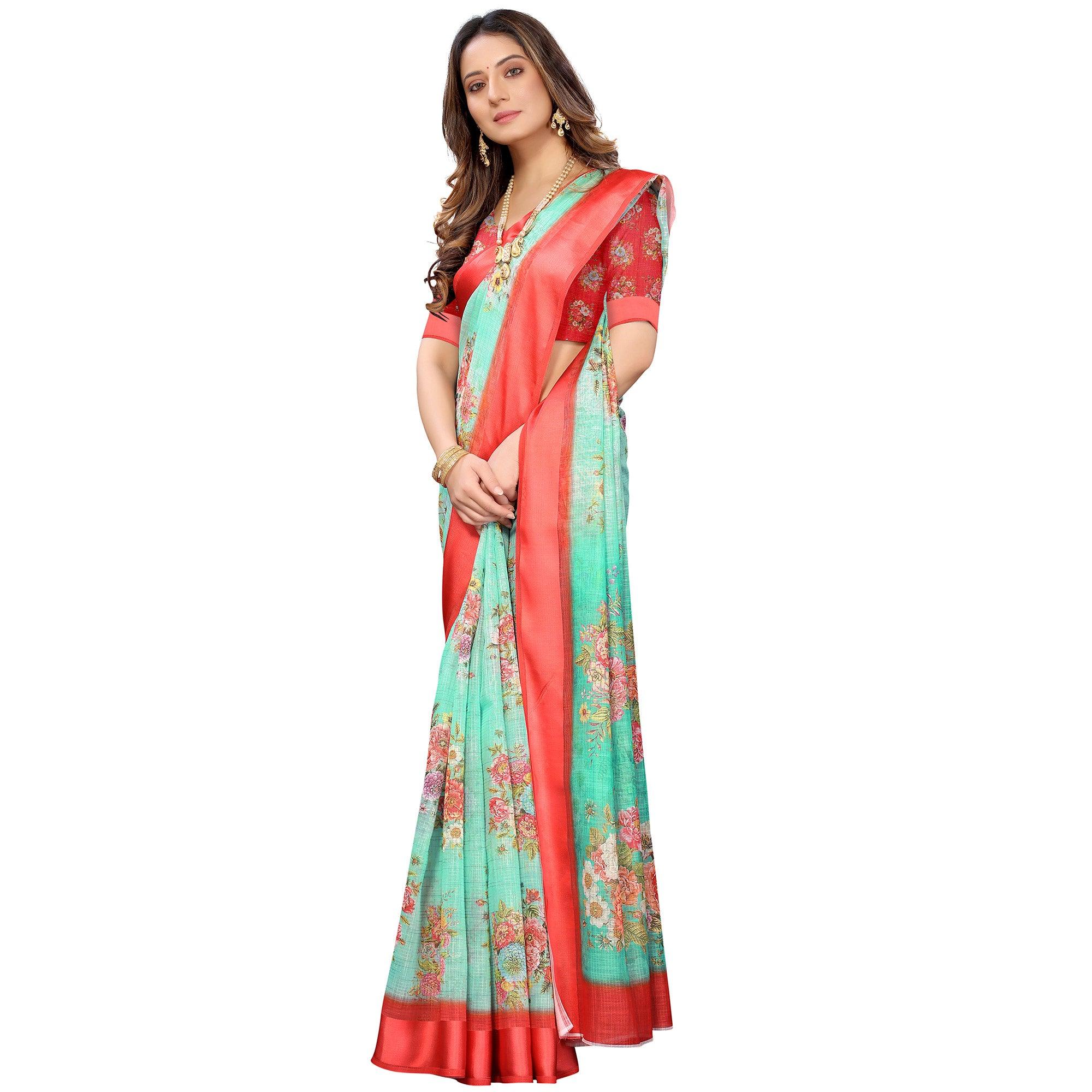 Red-Sea Green Casual Wear Floral Digital Printed Linen Slub saree - Peachmode