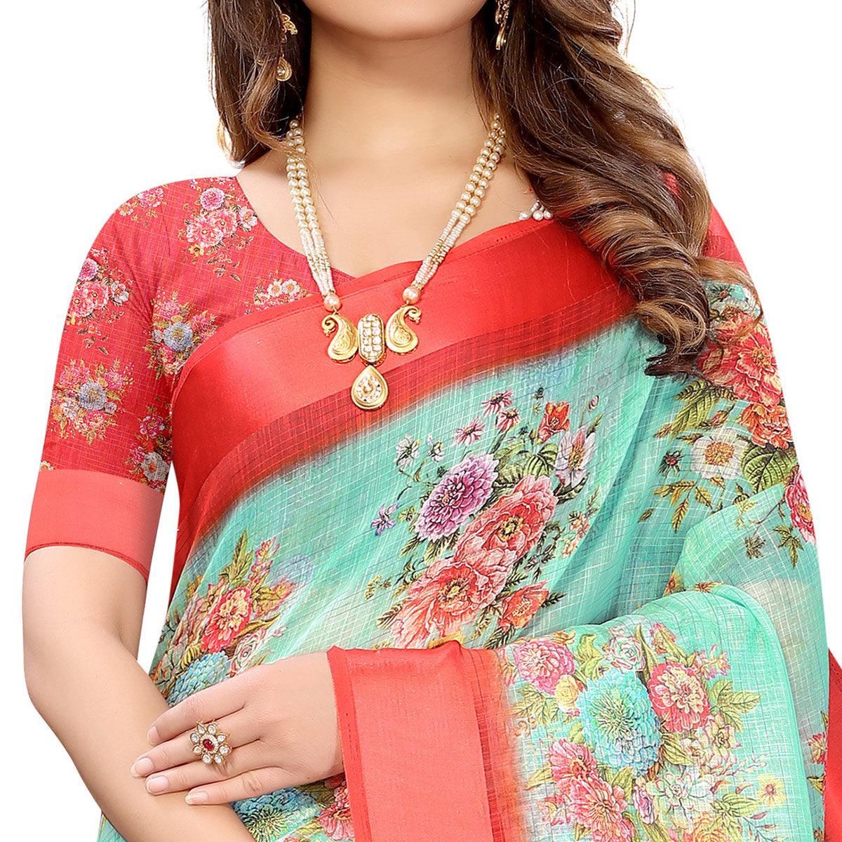 Red-Sea Green Casual Wear Floral Digital Printed Linen Slub saree - Peachmode