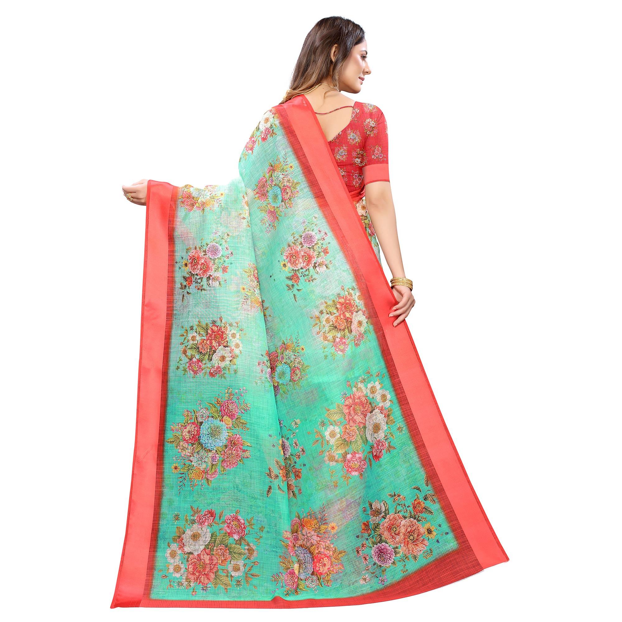 Red-Sea Green Casual Wear Floral Digital Printed Linen Slub saree - Peachmode