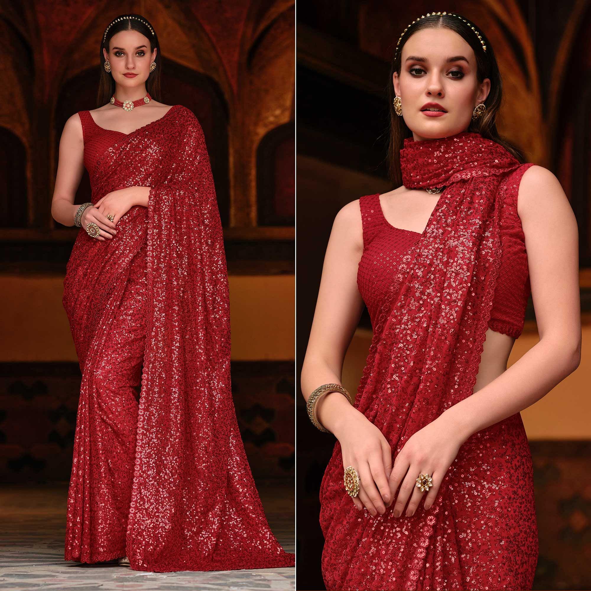 Red Sequence Embroidered Georgette Saree - Peachmode