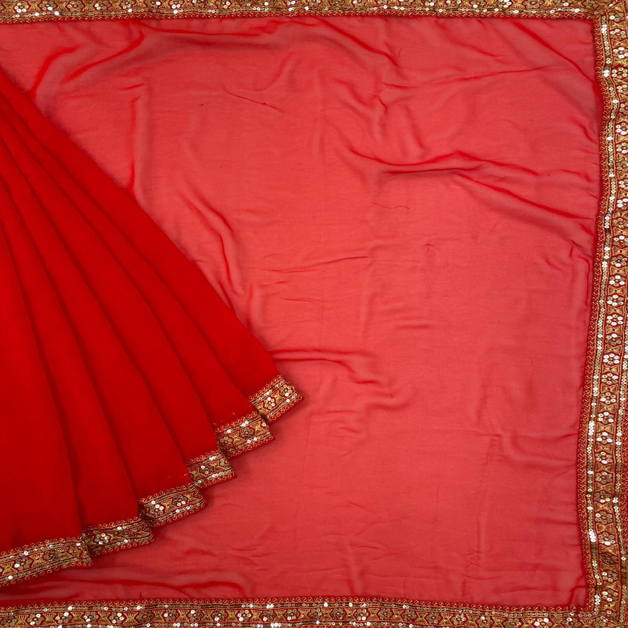 Red Sequence Embroidered Georgette Saree - Peachmode