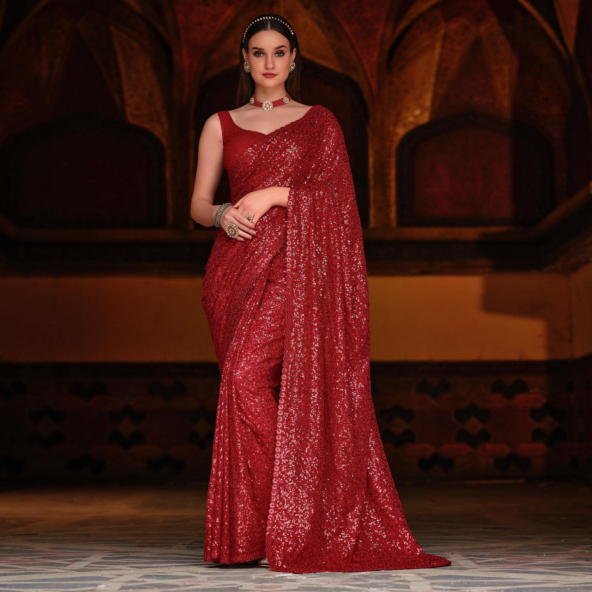 Red Sequence Embroidered Georgette Saree - Peachmode