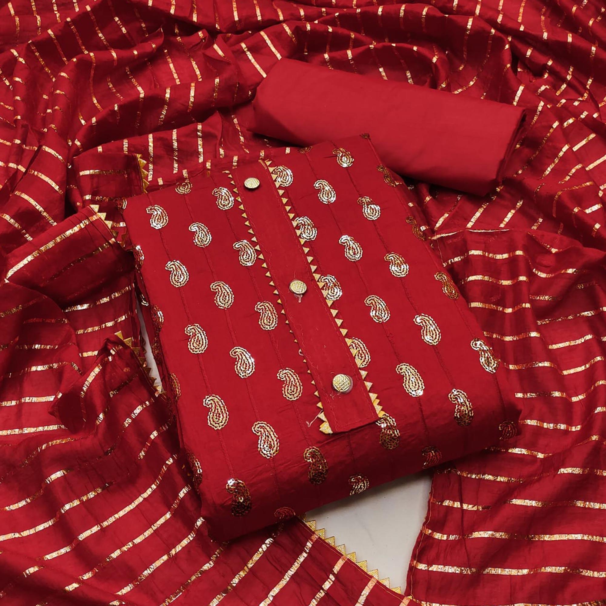 Red Sequence Embroidered Pure Cotton Dress Material - Peachmode