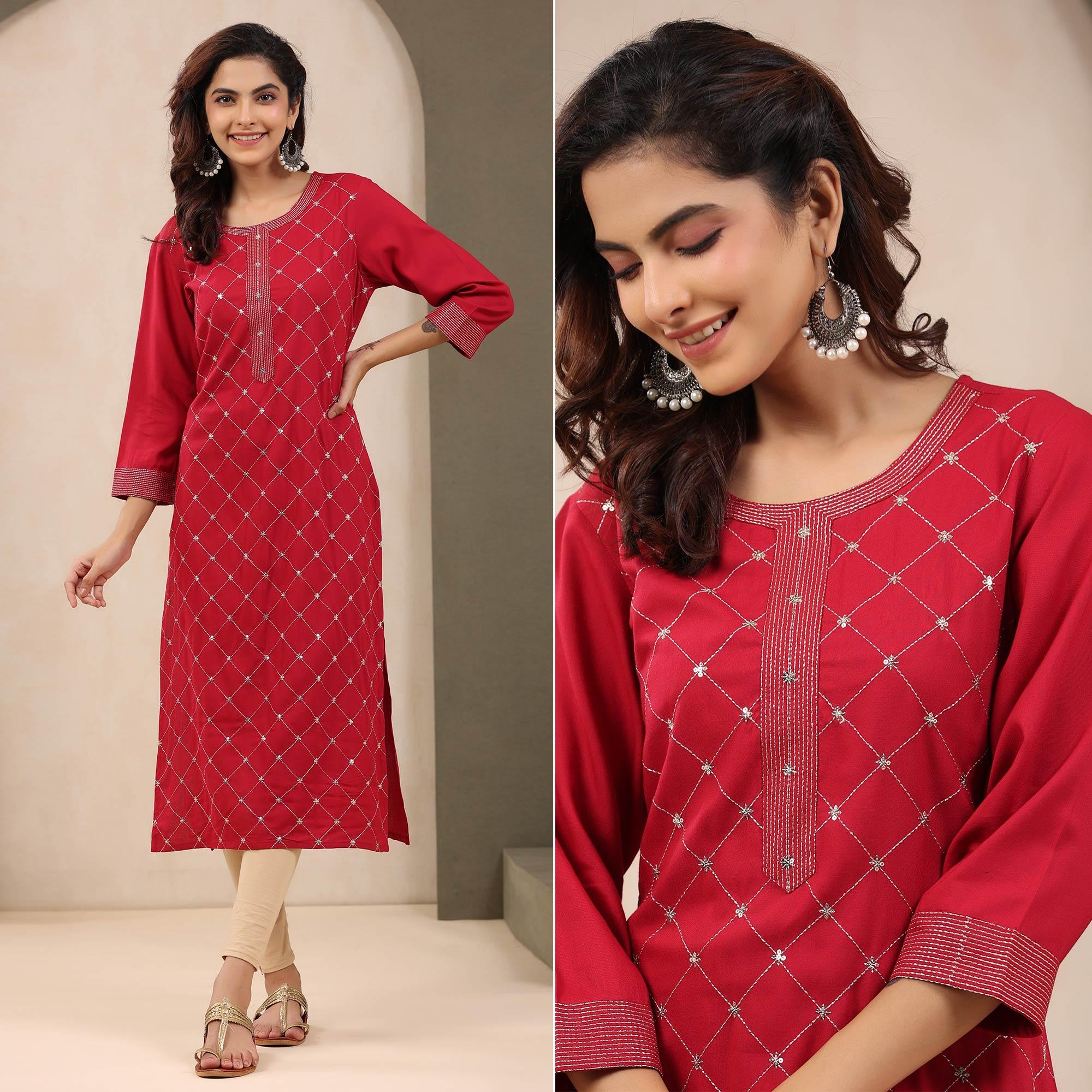 Red Sequence Embroidered Pure Cotton Kurti - Peachmode