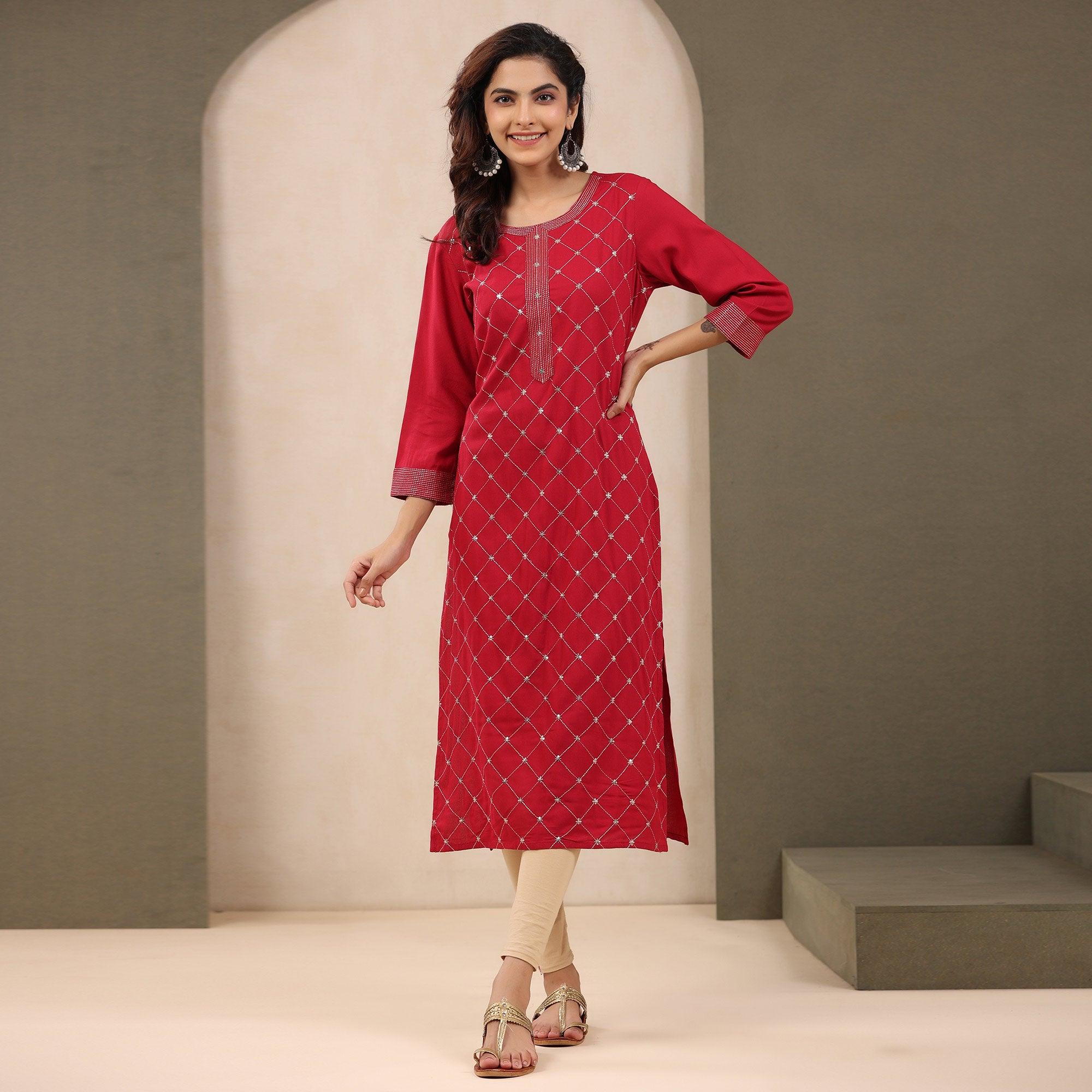 Red Sequence Embroidered Pure Cotton Kurti - Peachmode