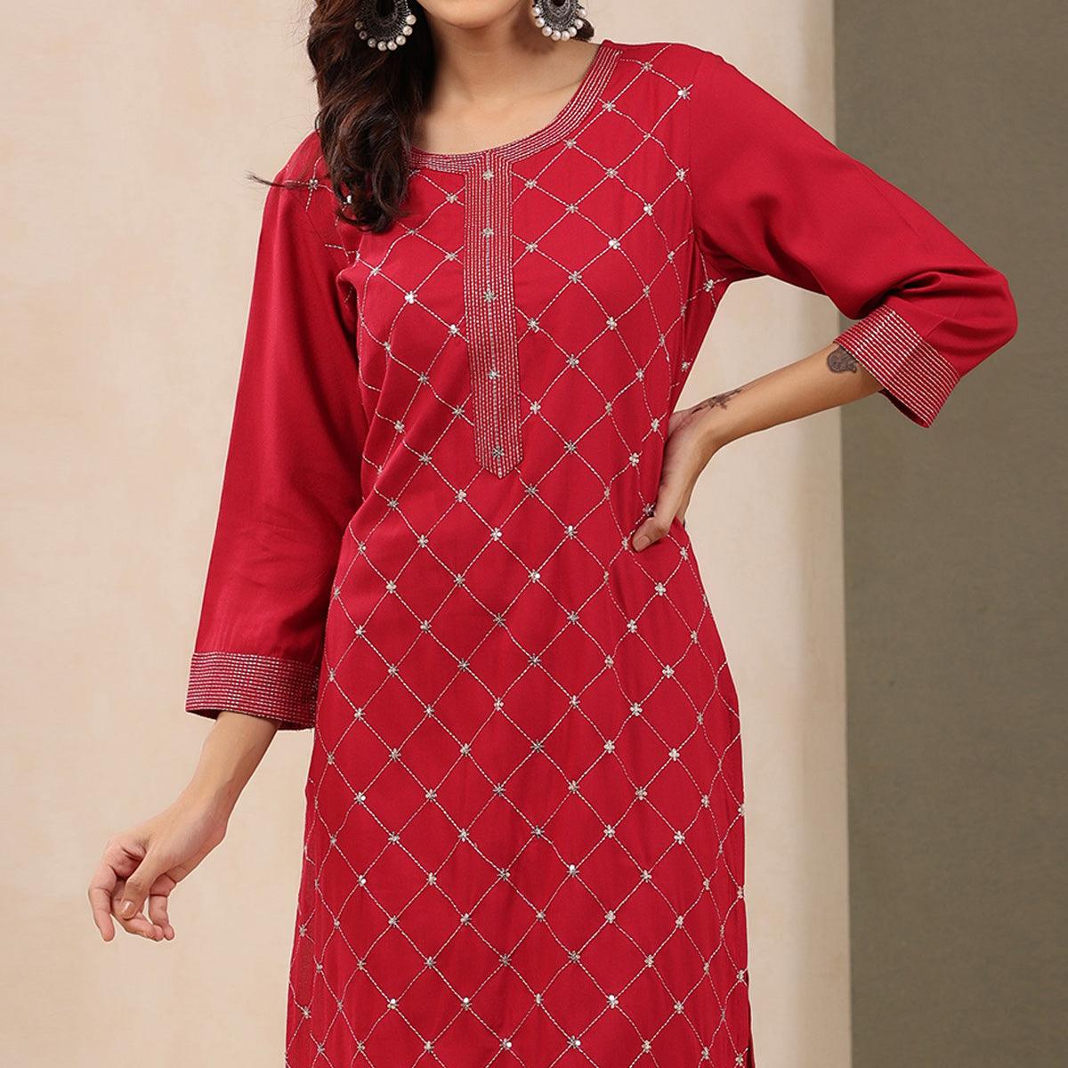 Red Sequence Embroidered Pure Cotton Kurti - Peachmode