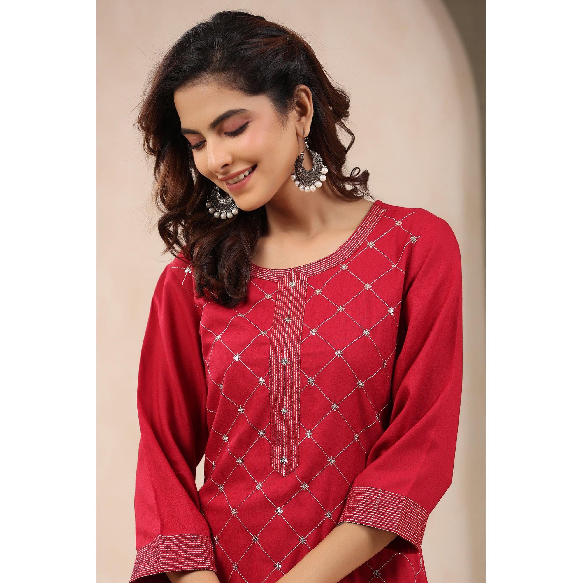 Red Sequence Embroidered Pure Cotton Kurti - Peachmode