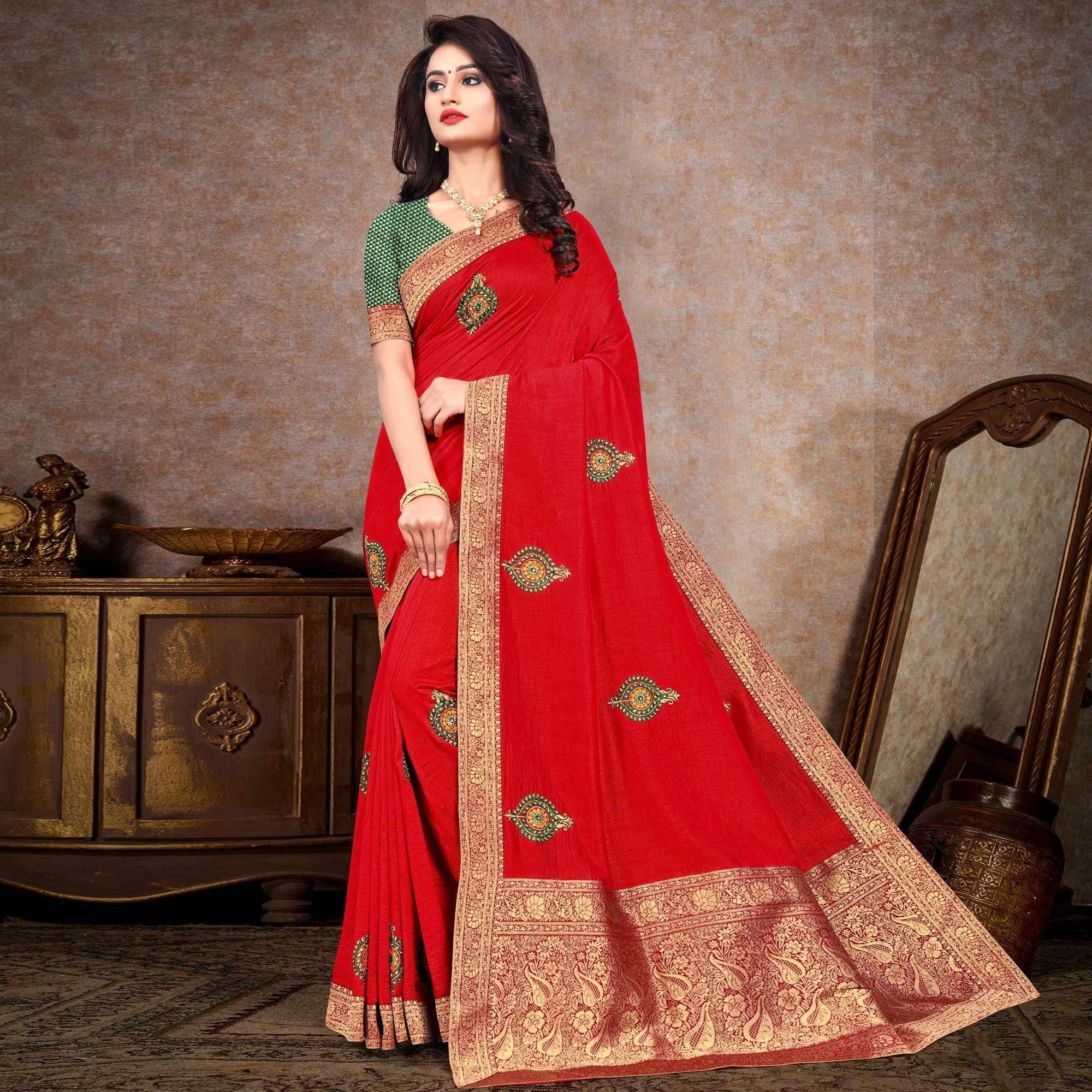 Red Sequence Embroidered Vichitra Silk Saree - Peachmode