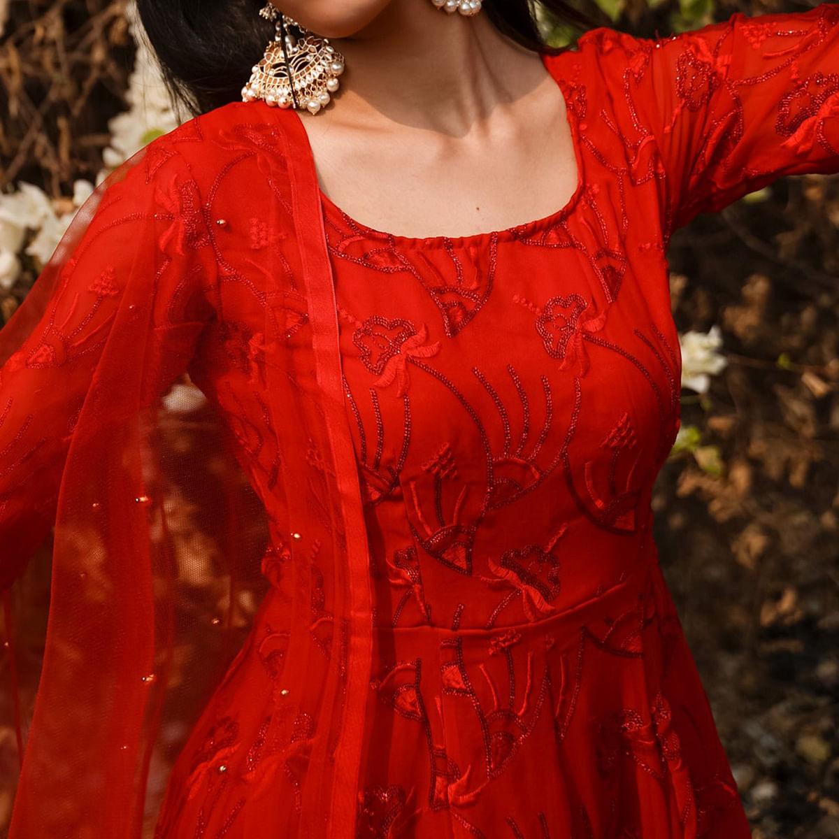 Red Sequence Floral Embroidered Georgette Anarkali Style Gown - Peachmode