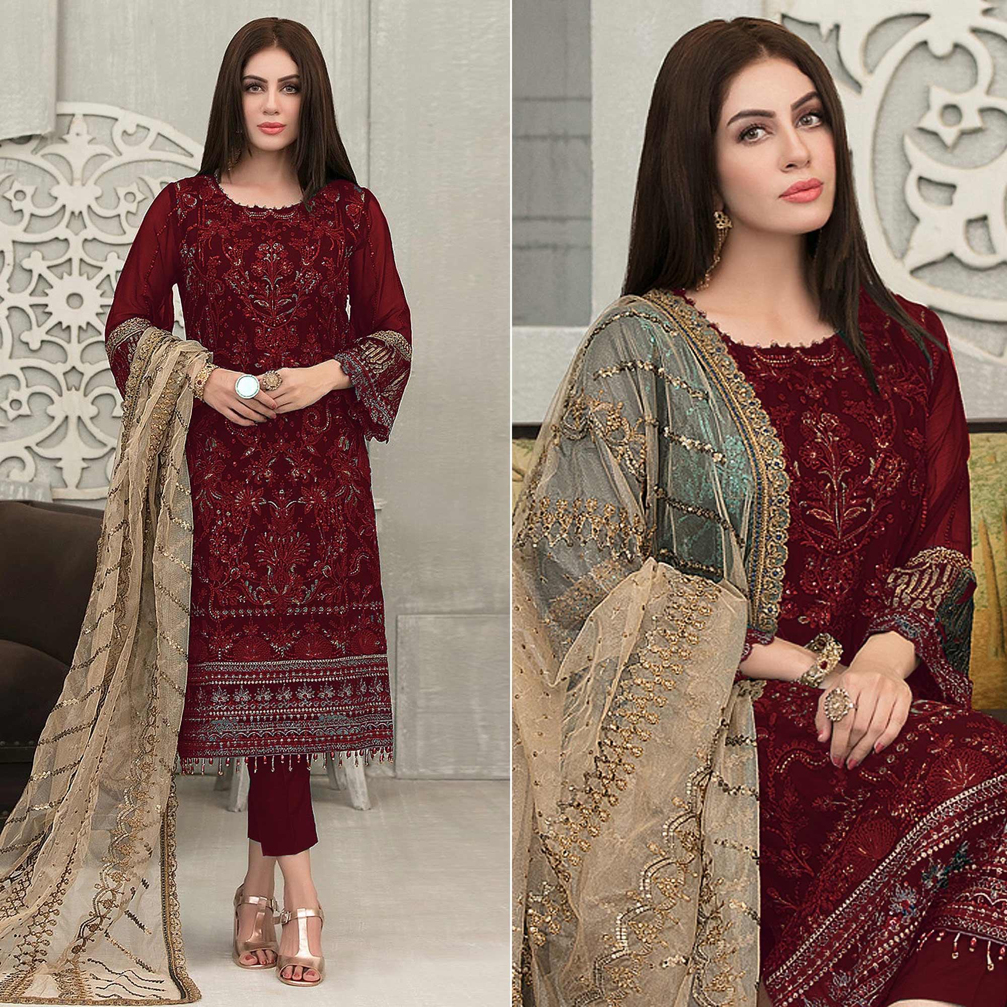 Red Sequence With Floral Embroidered Georgette Pakistani Suit - Peachmode