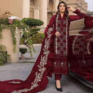 Red Sequence With Floral Embroidered Georgette Pakistani Suit - Peachmode