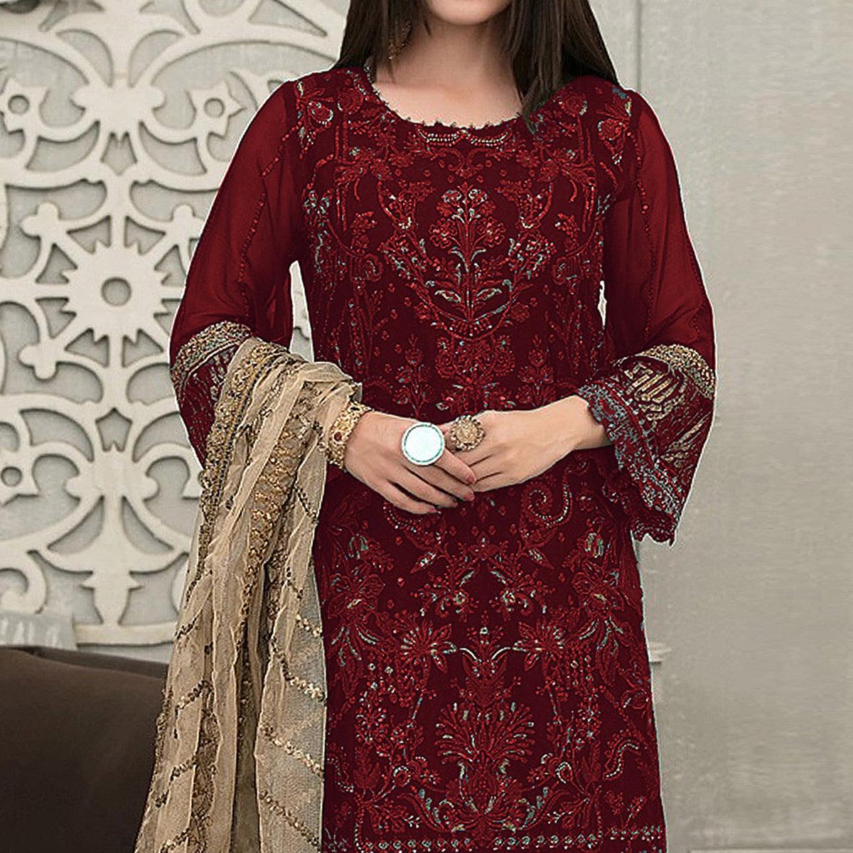 Red Sequence With Floral Embroidered Georgette Pakistani Suit - Peachmode