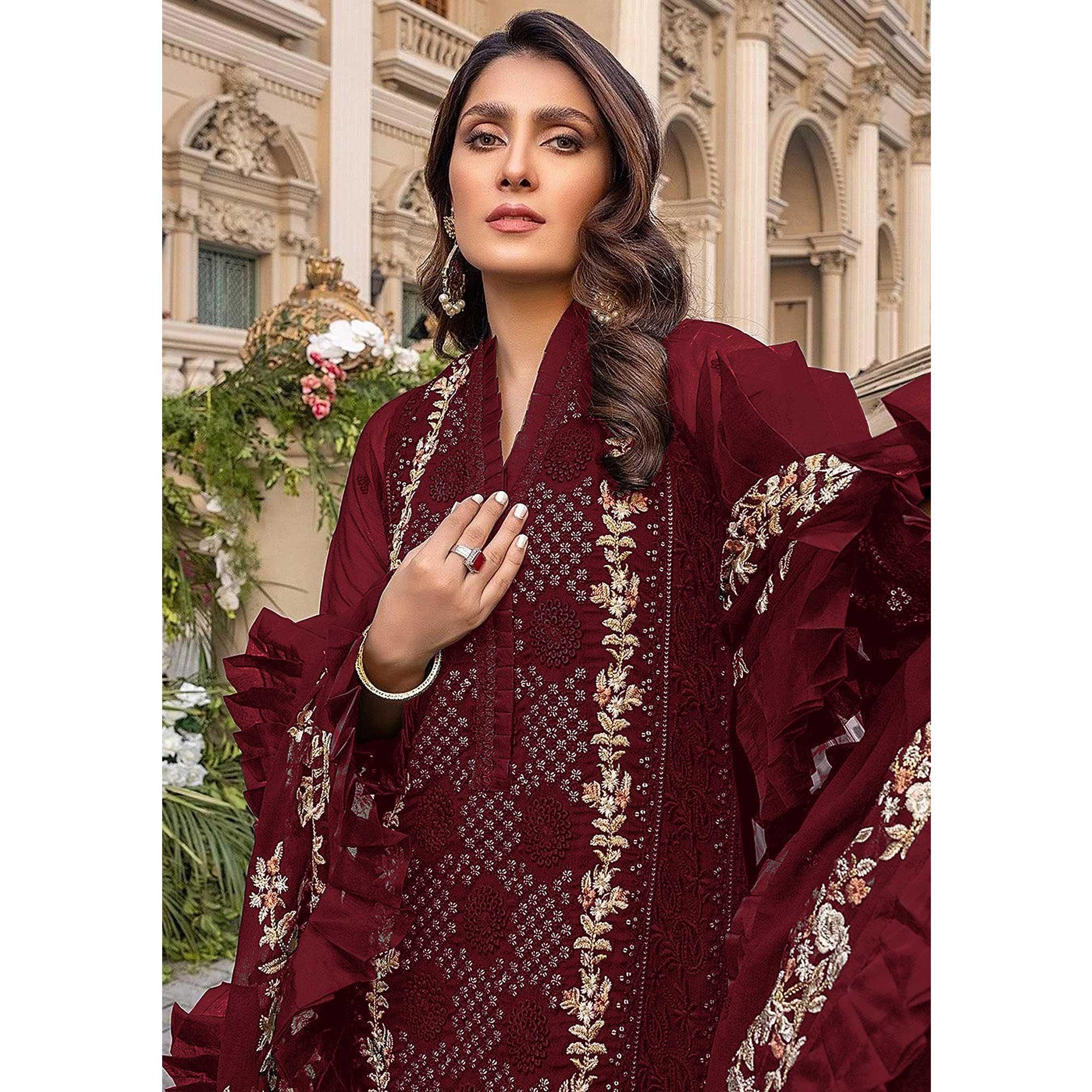 Red Sequence With Floral Embroidered Georgette Pakistani Suit - Peachmode