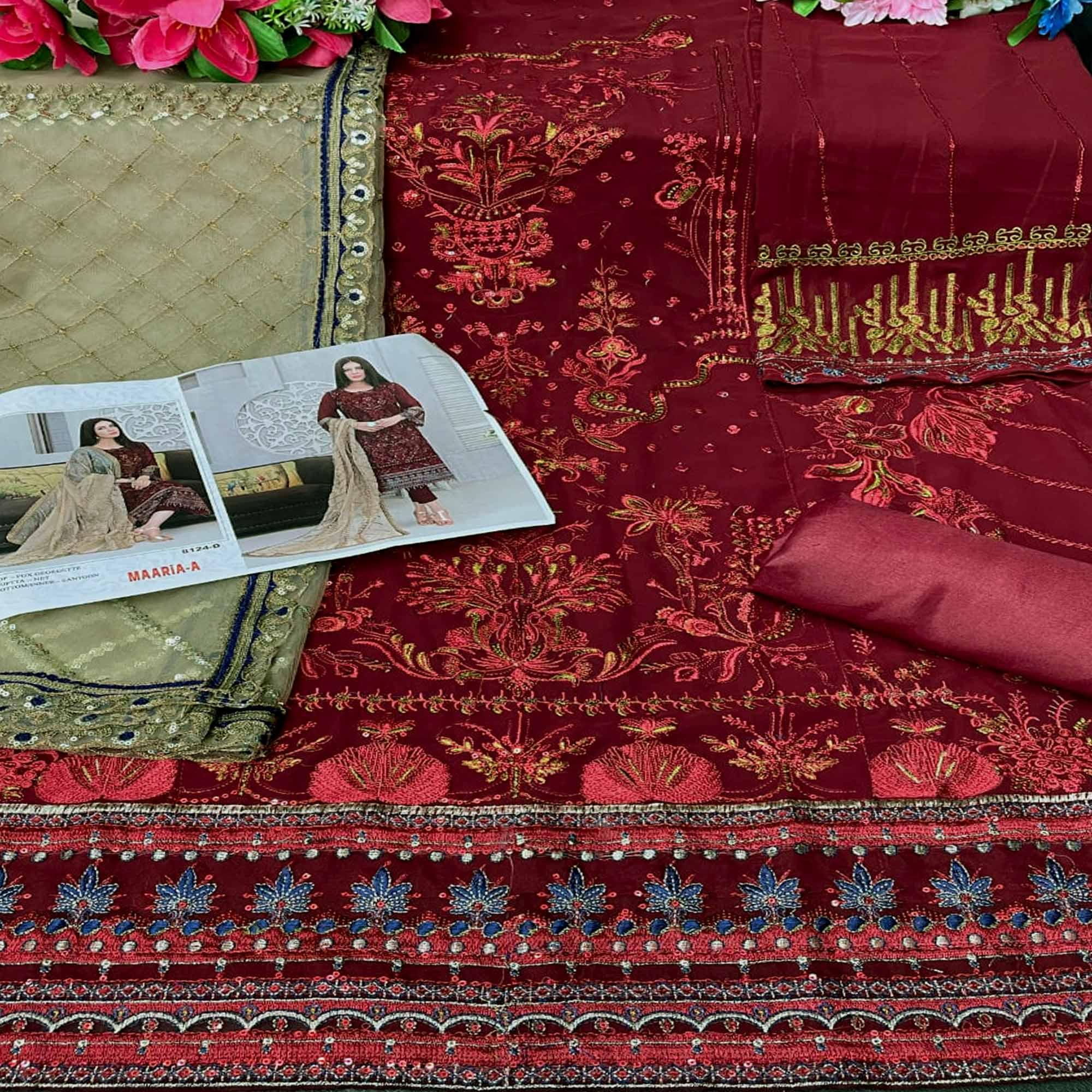 Red Sequence With Floral Embroidered Georgette Pakistani Suit - Peachmode