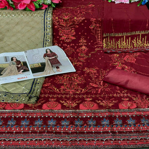 Red Sequence With Floral Embroidered Georgette Pakistani Suit - Peachmode