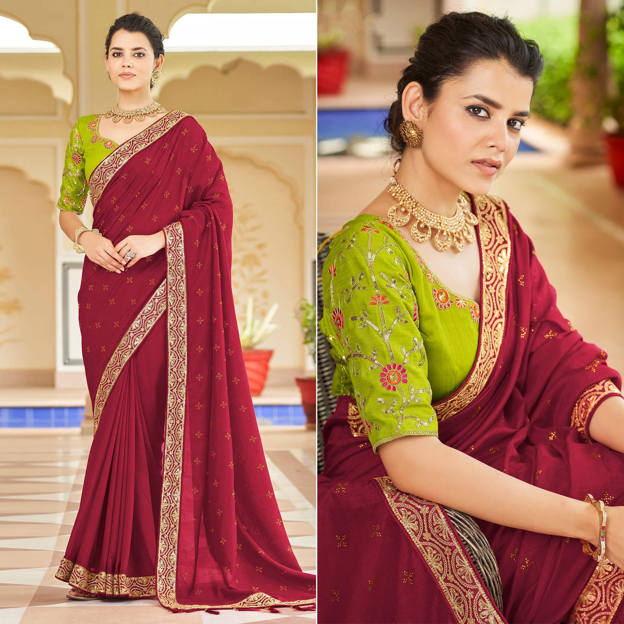 Red Sequence With swarovski Work Vichitra Silk Saree - Peachmode