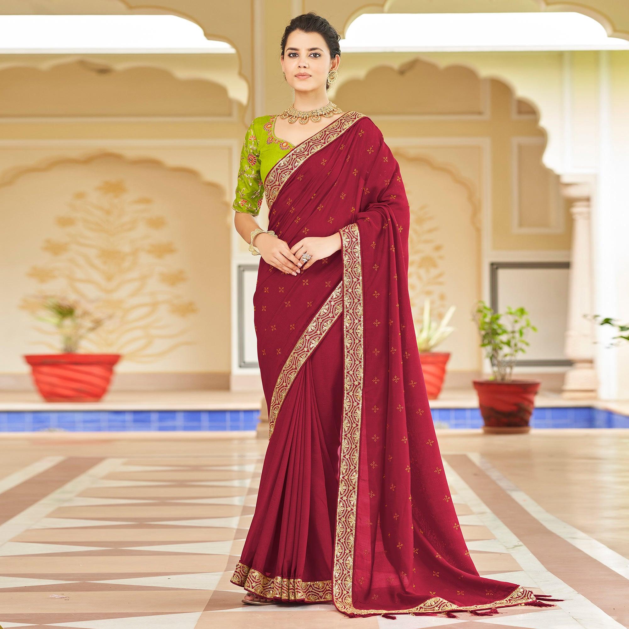 Red Sequence With swarovski Work Vichitra Silk Saree - Peachmode
