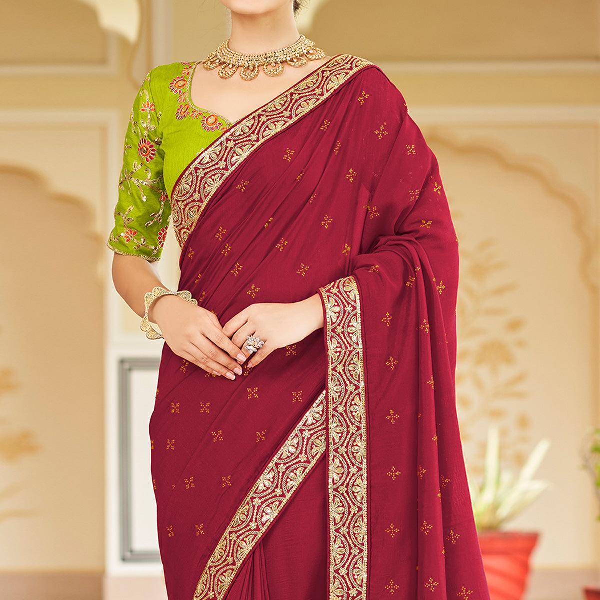 Red Sequence With swarovski Work Vichitra Silk Saree - Peachmode