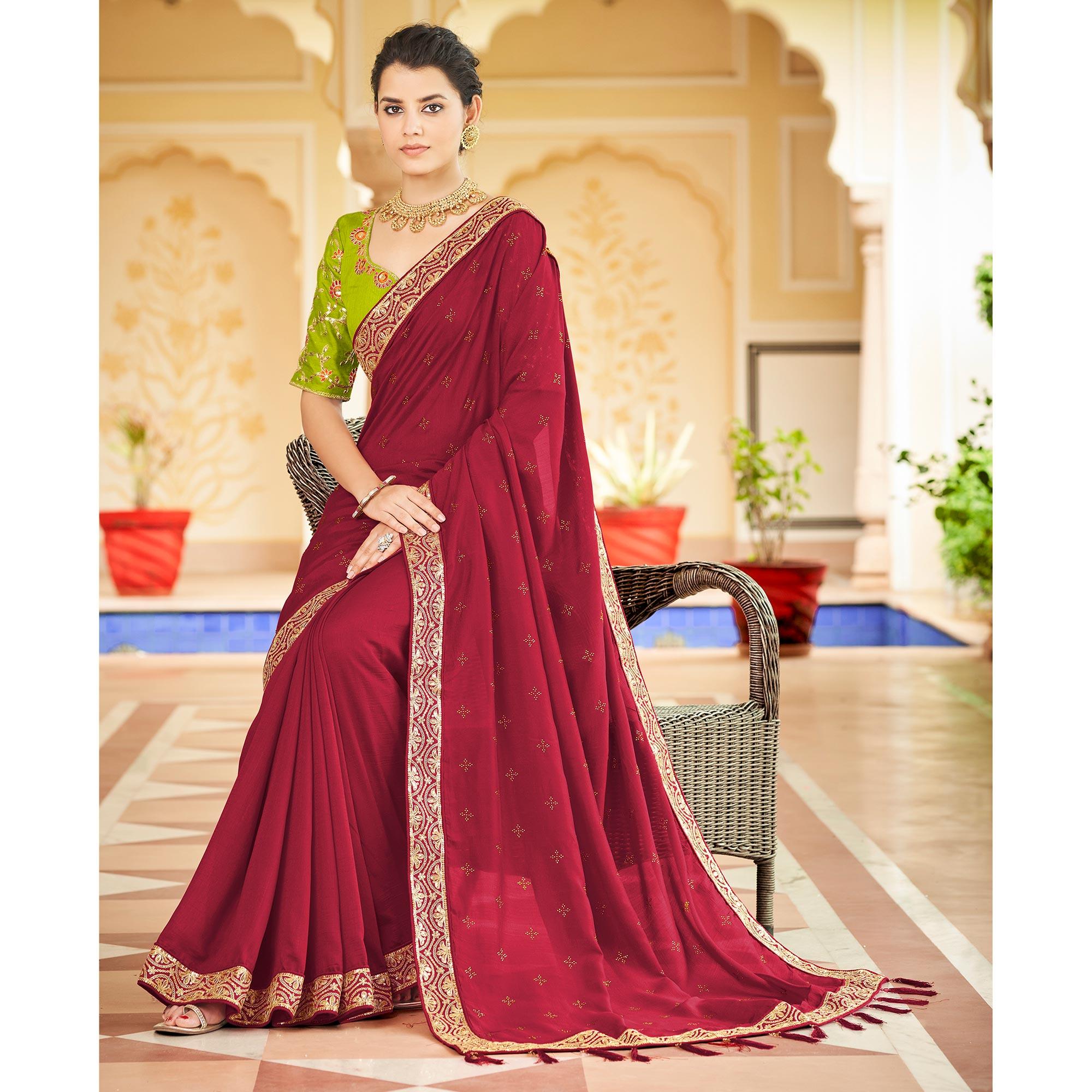 Red Sequence With swarovski Work Vichitra Silk Saree - Peachmode