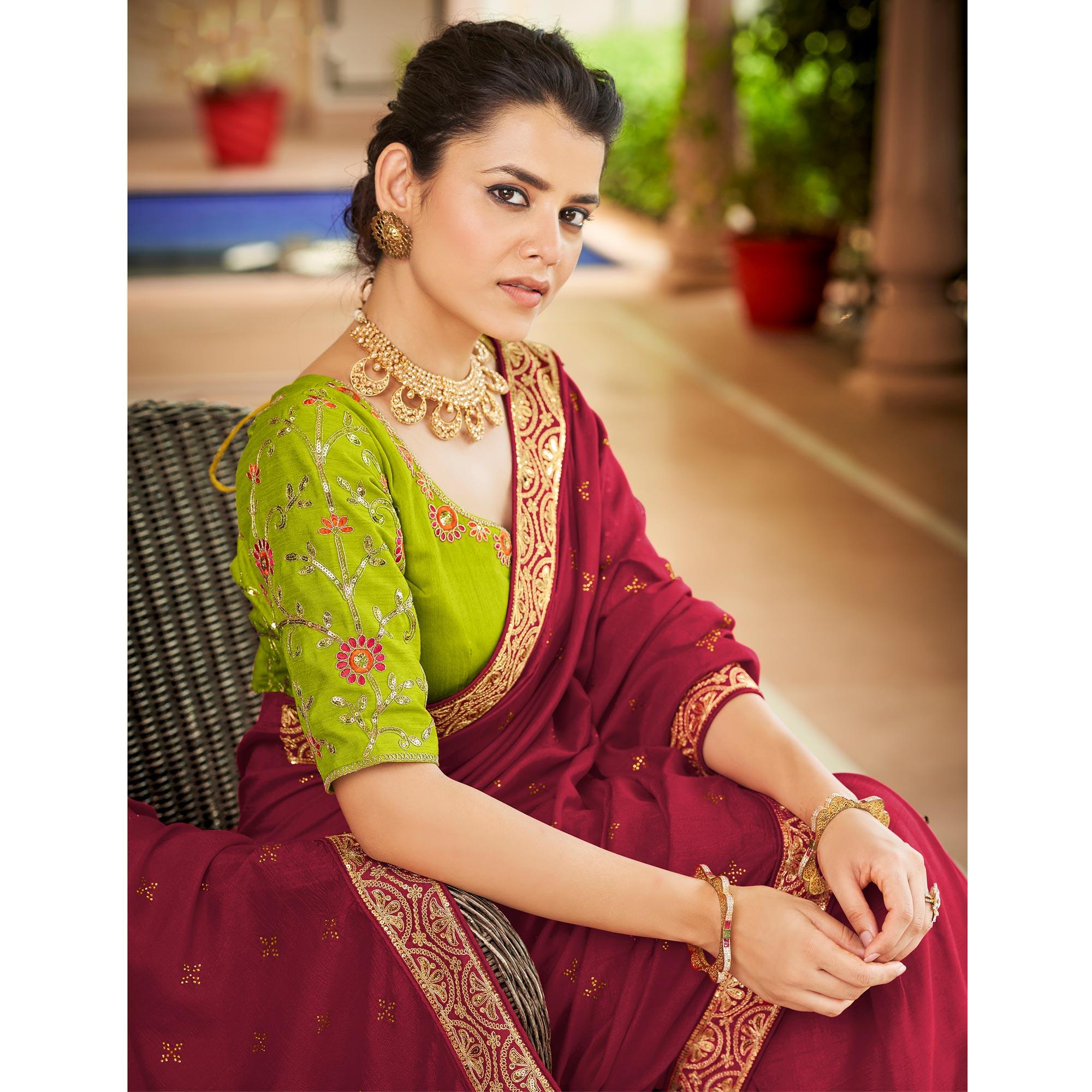 Red Sequence With swarovski Work Vichitra Silk Saree - Peachmode