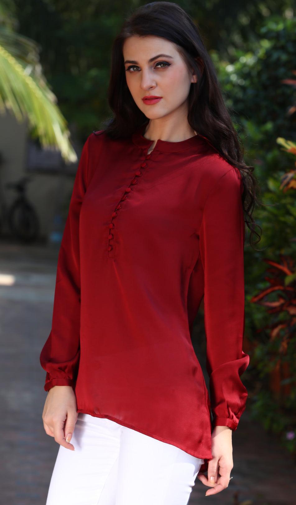 Red Solid Art Silk Top - Peachmode