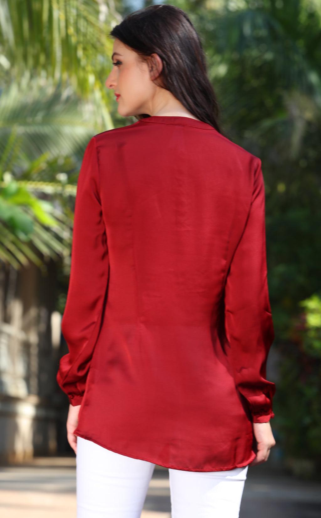 Red Solid Art Silk Top - Peachmode