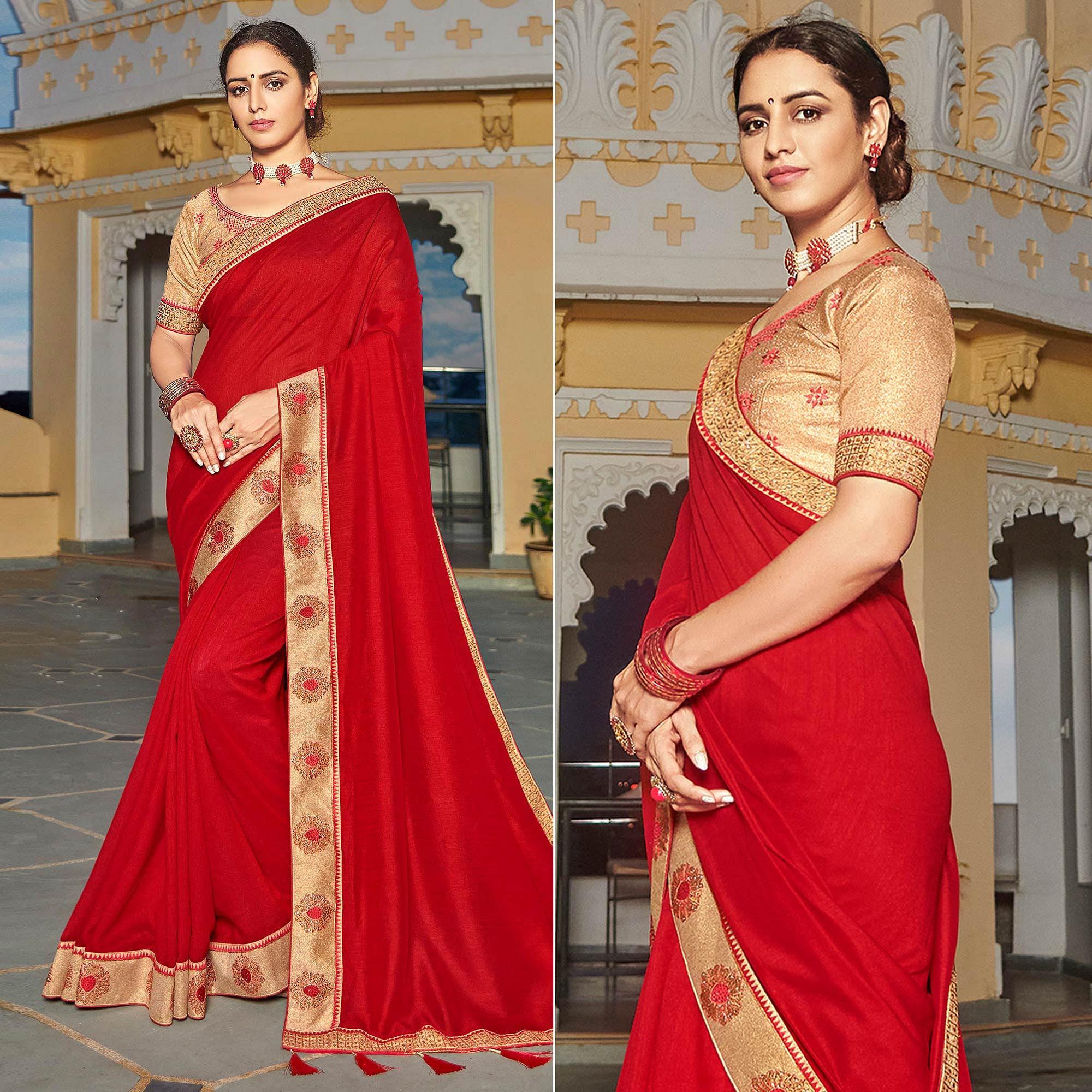 Red Solid-Embroidered Border Vichitra Silk Saree With Tassels - Peachmode