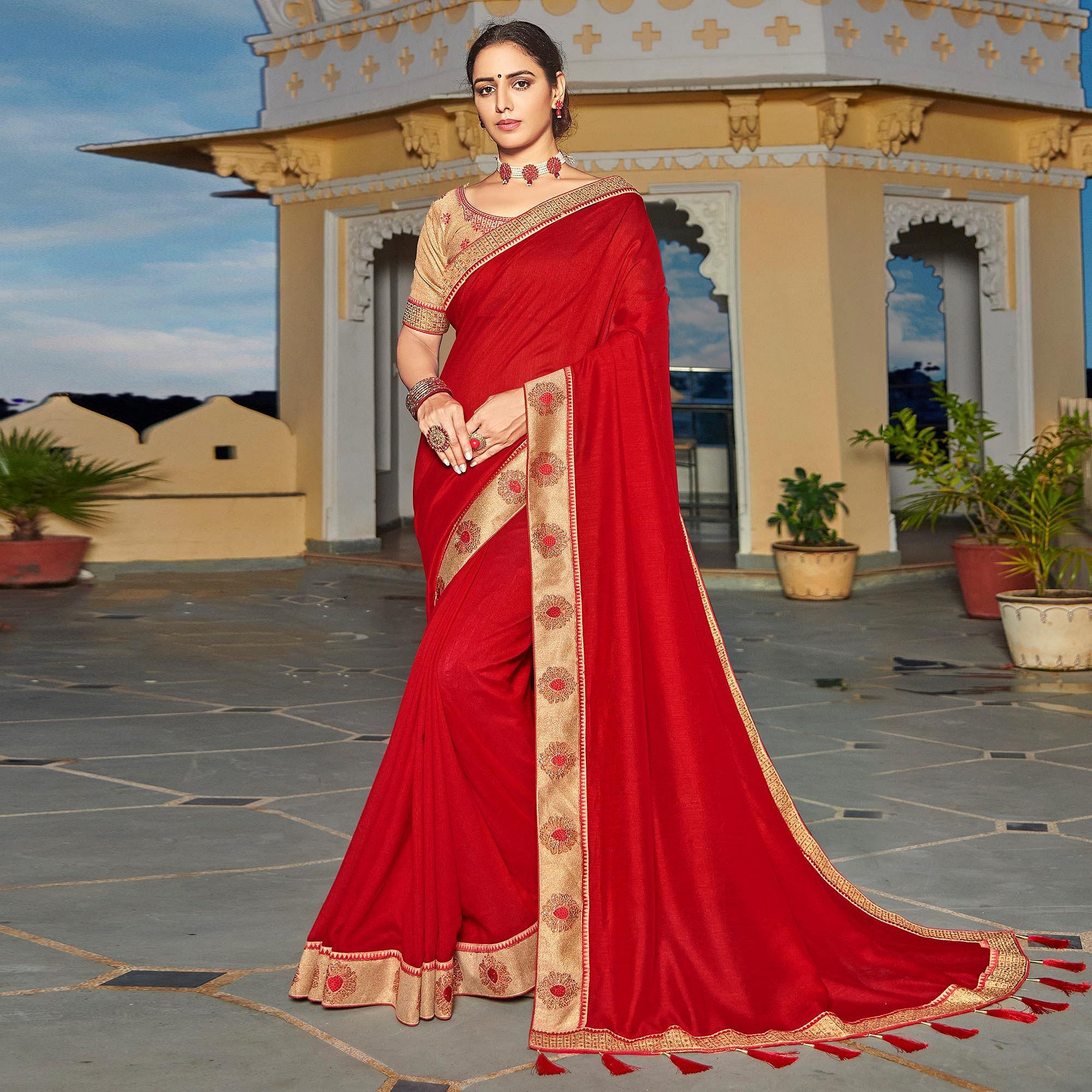 Red Solid-Embroidered Border Vichitra Silk Saree With Tassels - Peachmode