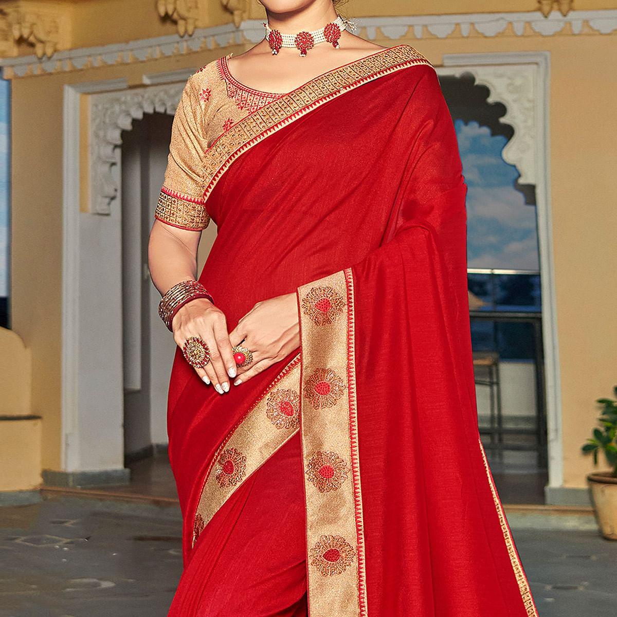 Red Solid-Embroidered Border Vichitra Silk Saree With Tassels - Peachmode