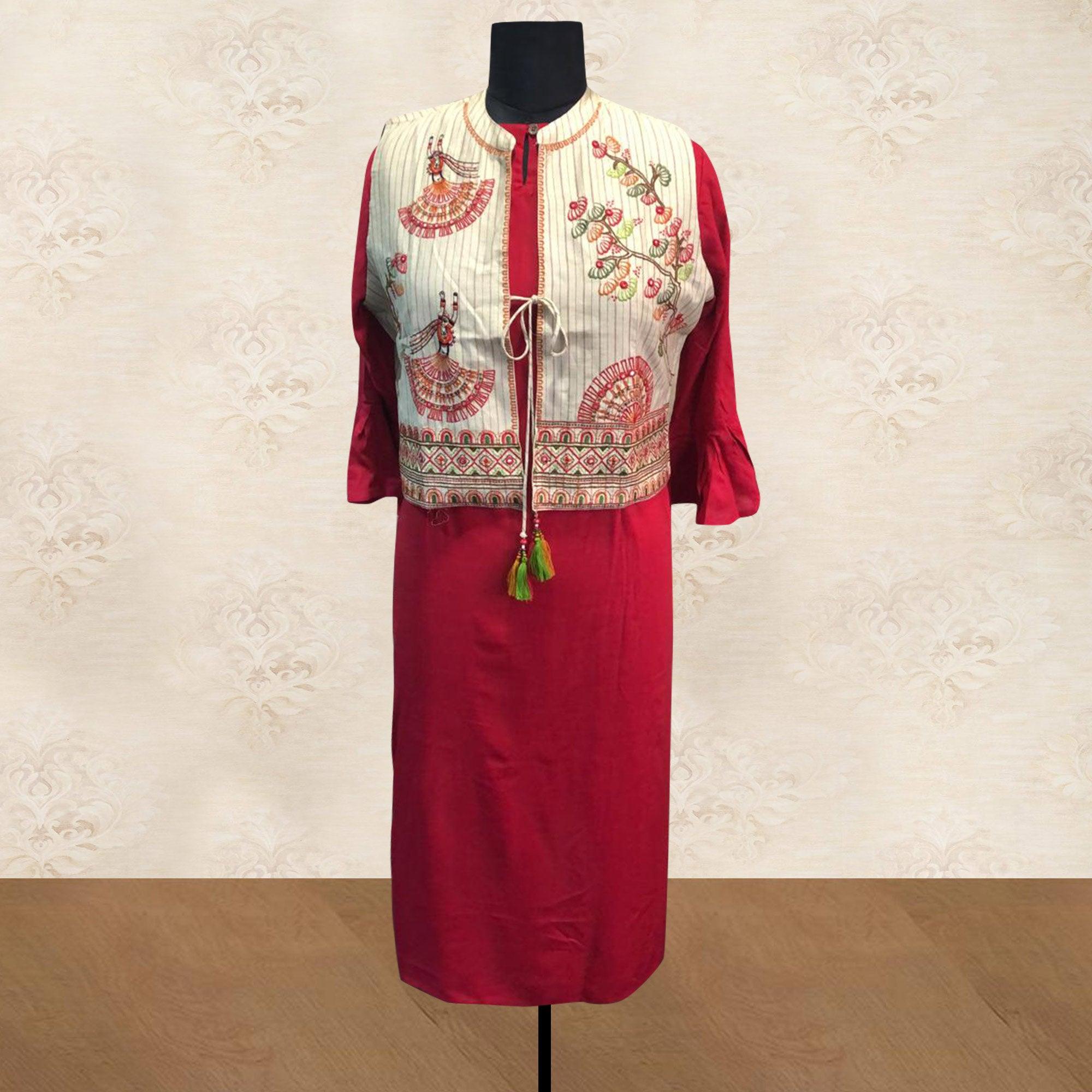 Red Solid Pure Cotton Kurti With Jacket - Peachmode