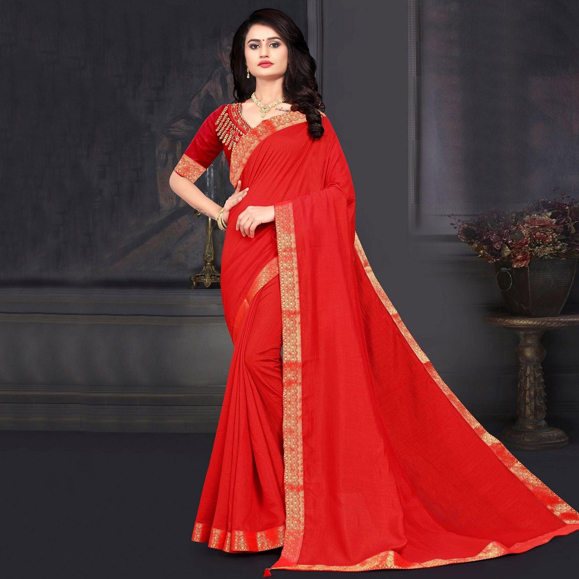 Red Solid Vichitra Silk Saree - Peachmode