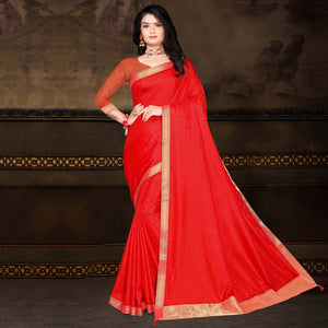 Red Solid Vichitra Silk Saree - Peachmode