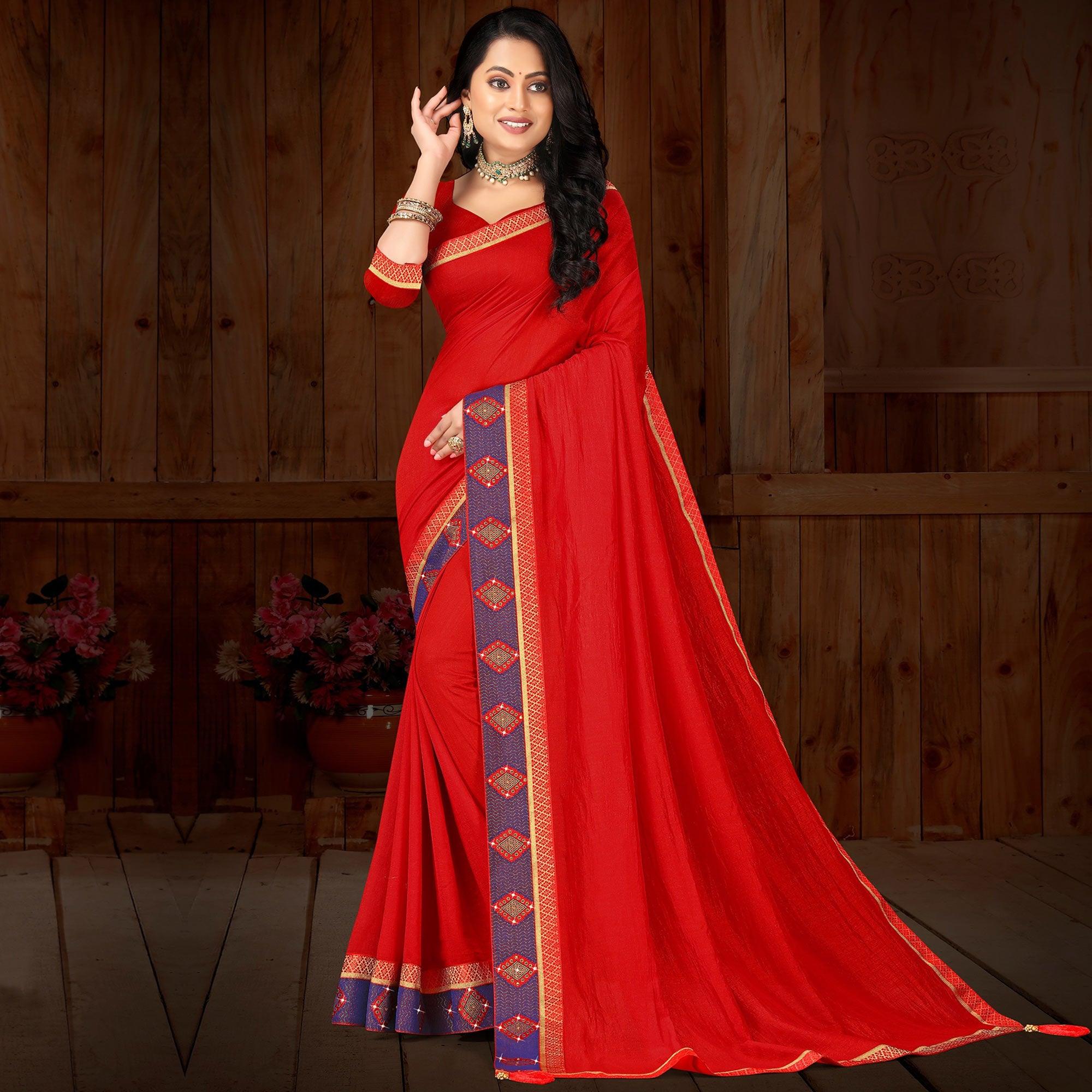 Red Solid Vichitra Silk Saree - Peachmode