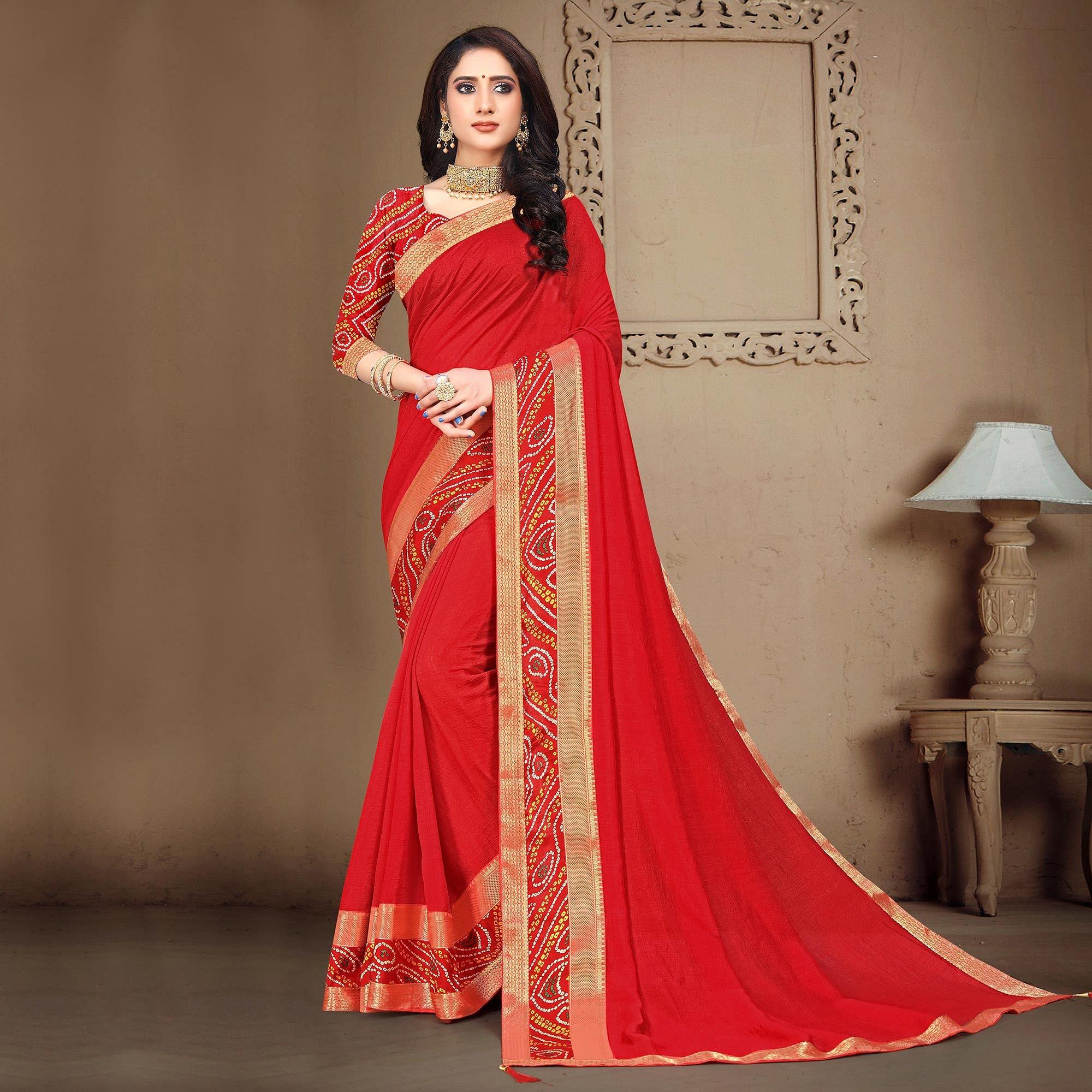 Red Solid Vichitra Silk Saree - Peachmode