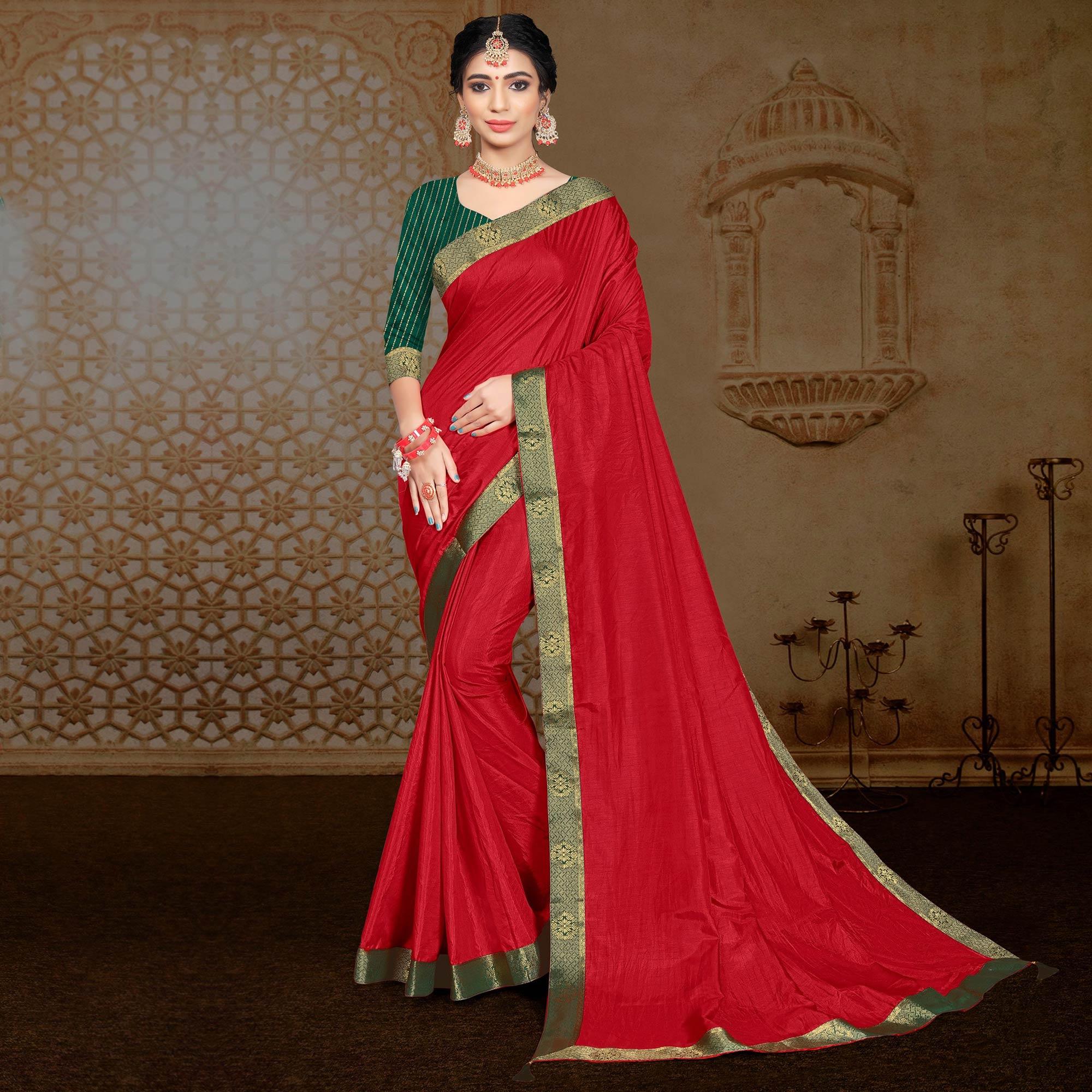 Red Solid Vichitra Silk Saree - Peachmode