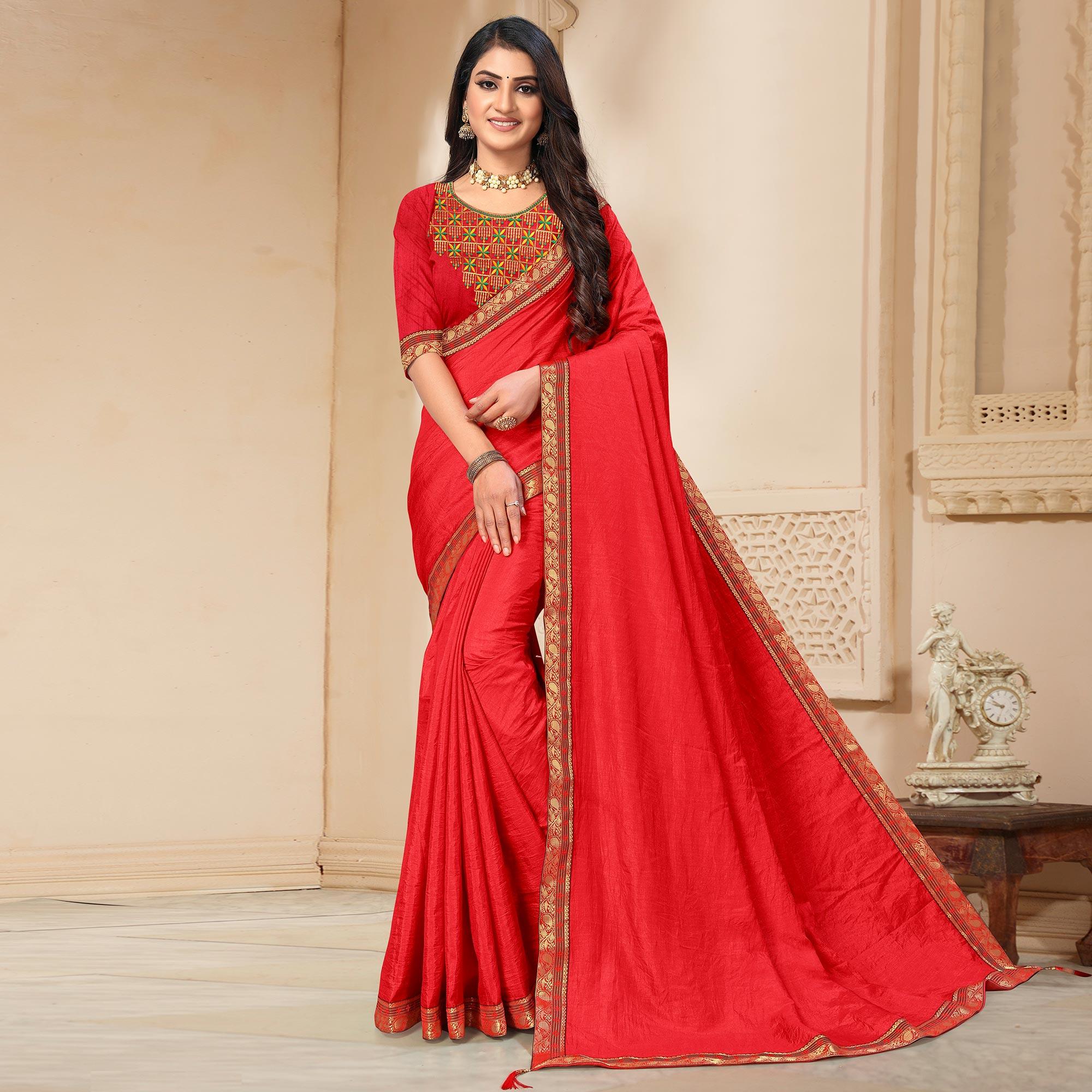 Red Solid Vichitra Silk Saree - Peachmode