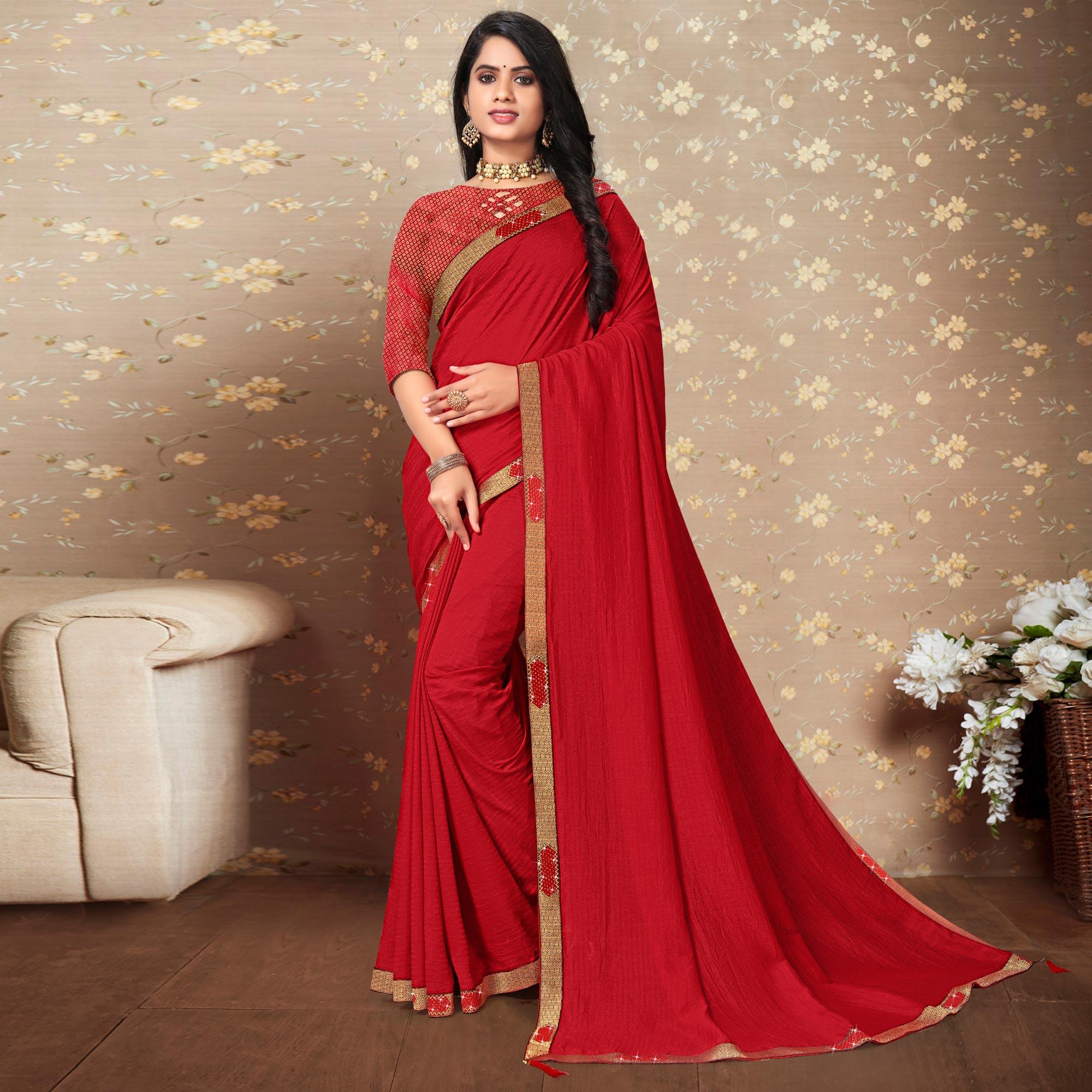 Red Solid Vichitra Silk Saree - Peachmode