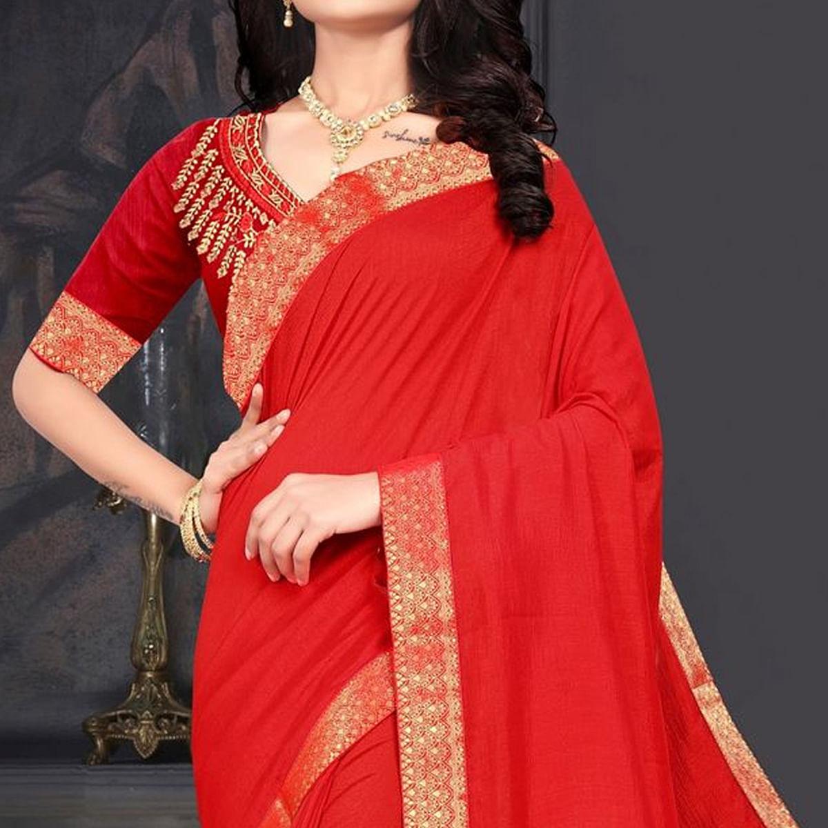 Red Solid Vichitra Silk Saree - Peachmode