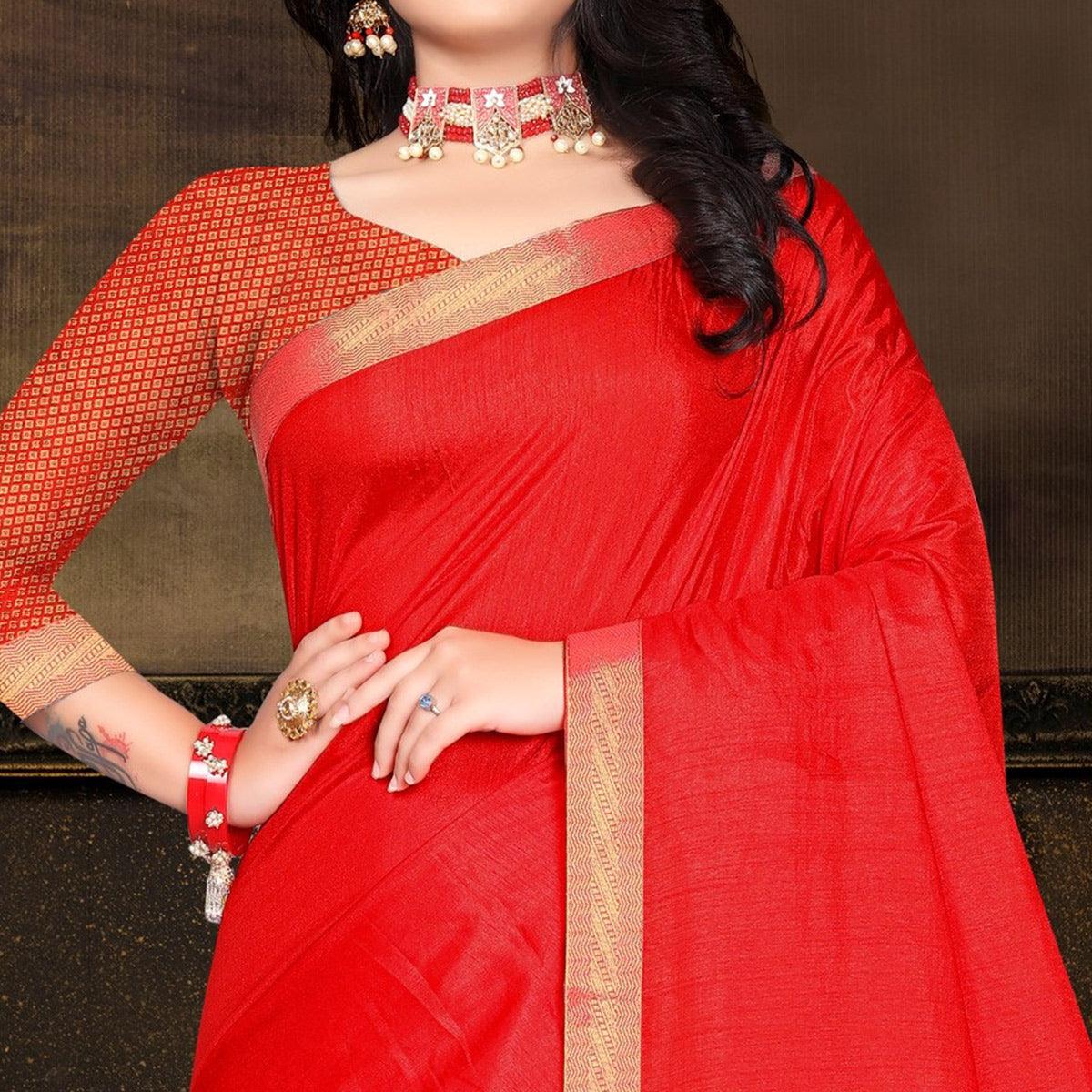 Red Solid Vichitra Silk Saree - Peachmode