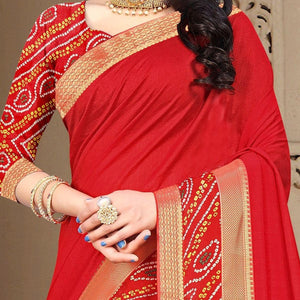 Red Solid Vichitra Silk Saree - Peachmode