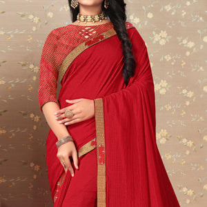 Red Solid Vichitra Silk Saree - Peachmode
